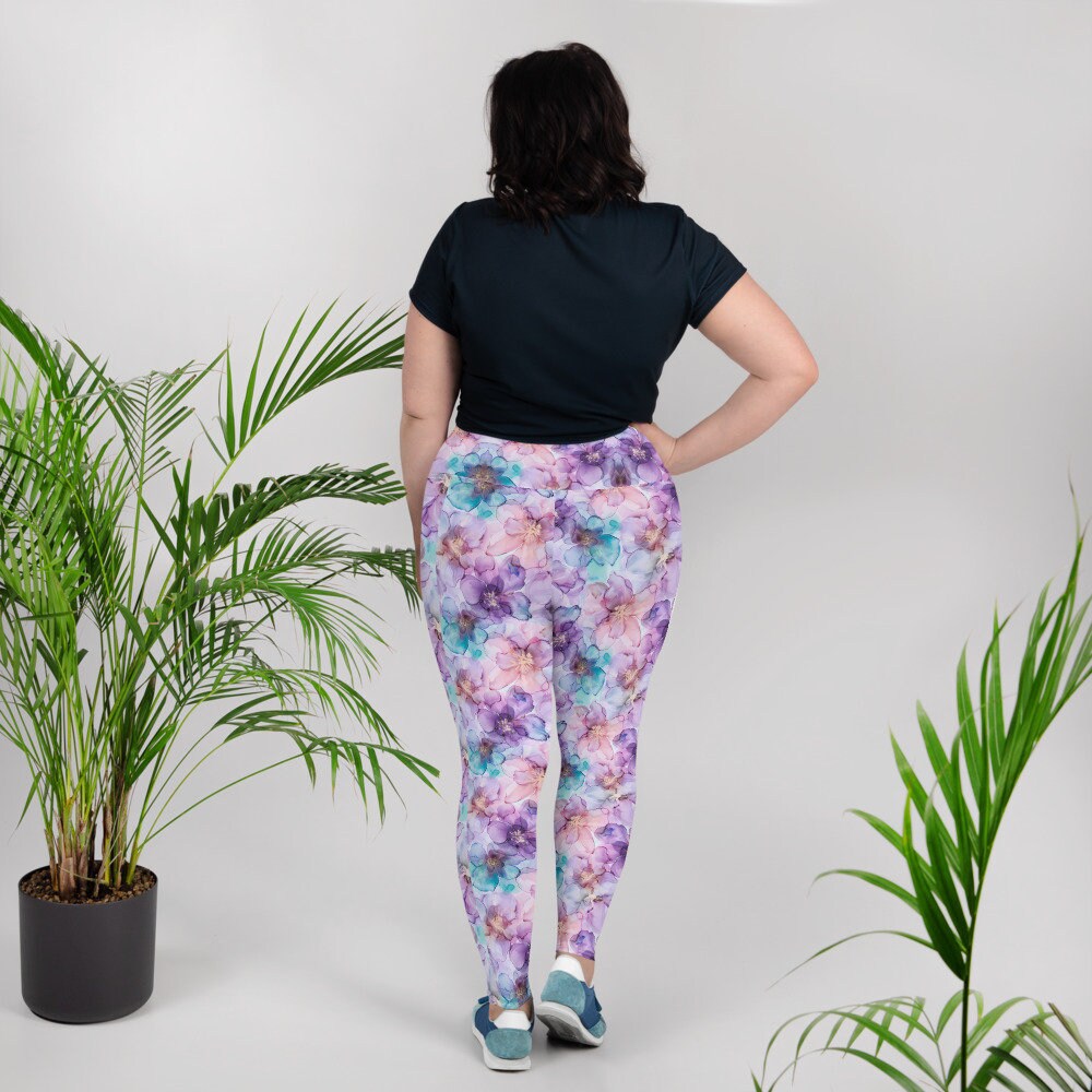 Plus Size Leggings - Spring Time Flowers Purple Teal