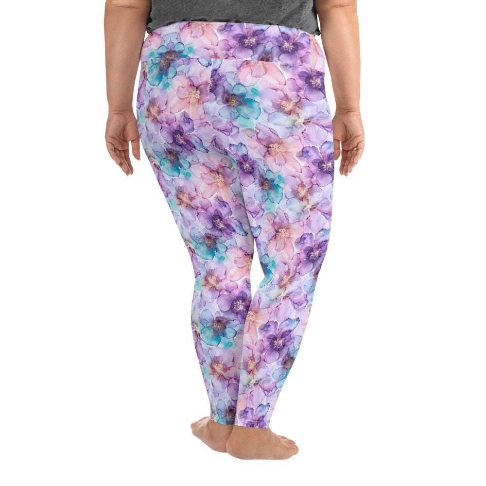 Plus Size Leggings - Spring Time Flowers Purple Teal