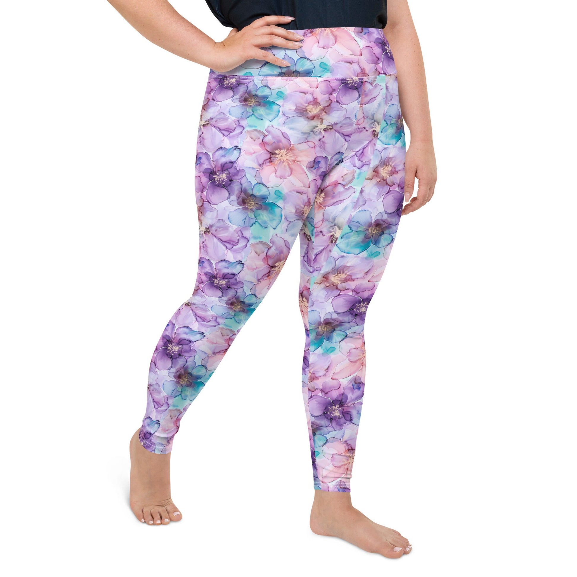 Plus Size Leggings - Spring Time Flowers Purple Teal