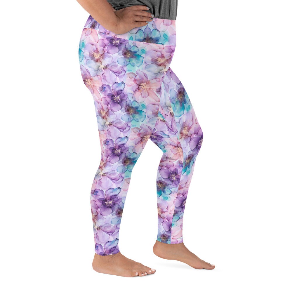 Plus Size Leggings - Spring Time Flowers Purple Teal