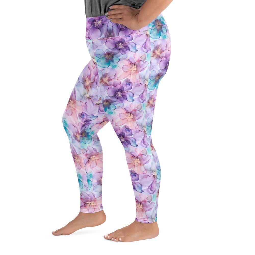 Plus Size Leggings - Spring Time Flowers Purple Teal