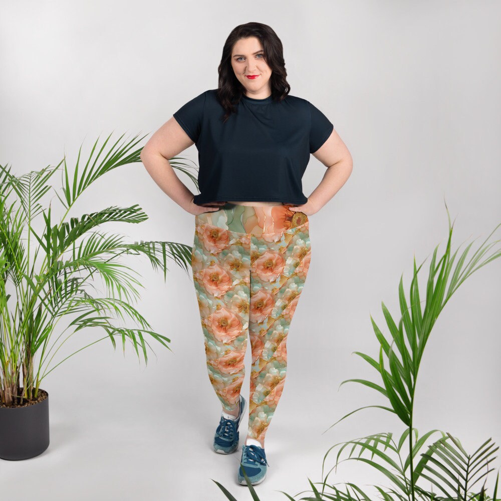 Plus Size Leggings - Spring Time Flowers Peach Teal Yellow