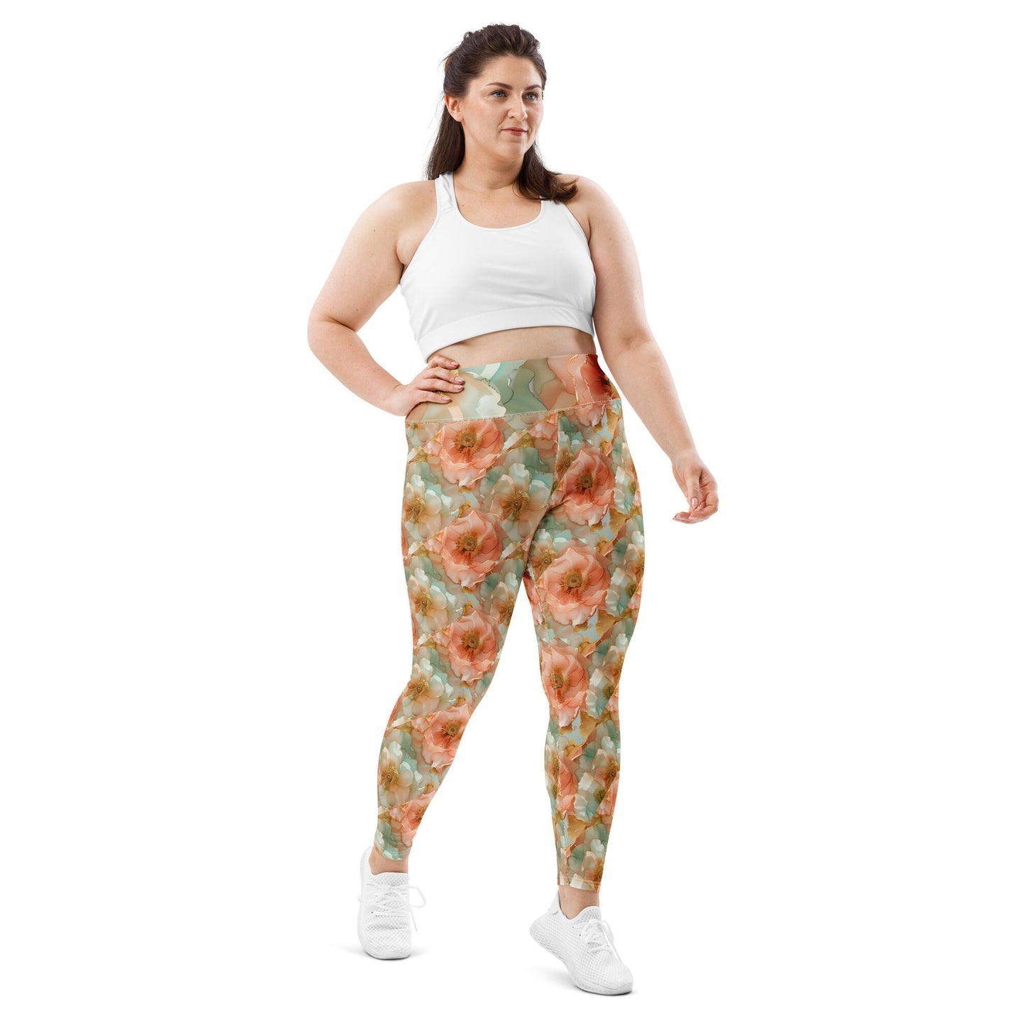 Plus Size Leggings - Spring Time Flowers Peach Teal Yellow