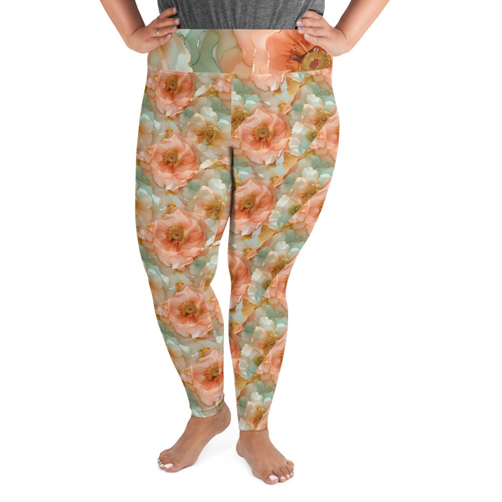 Plus Size Leggings - Spring Time Flowers Peach Teal Yellow