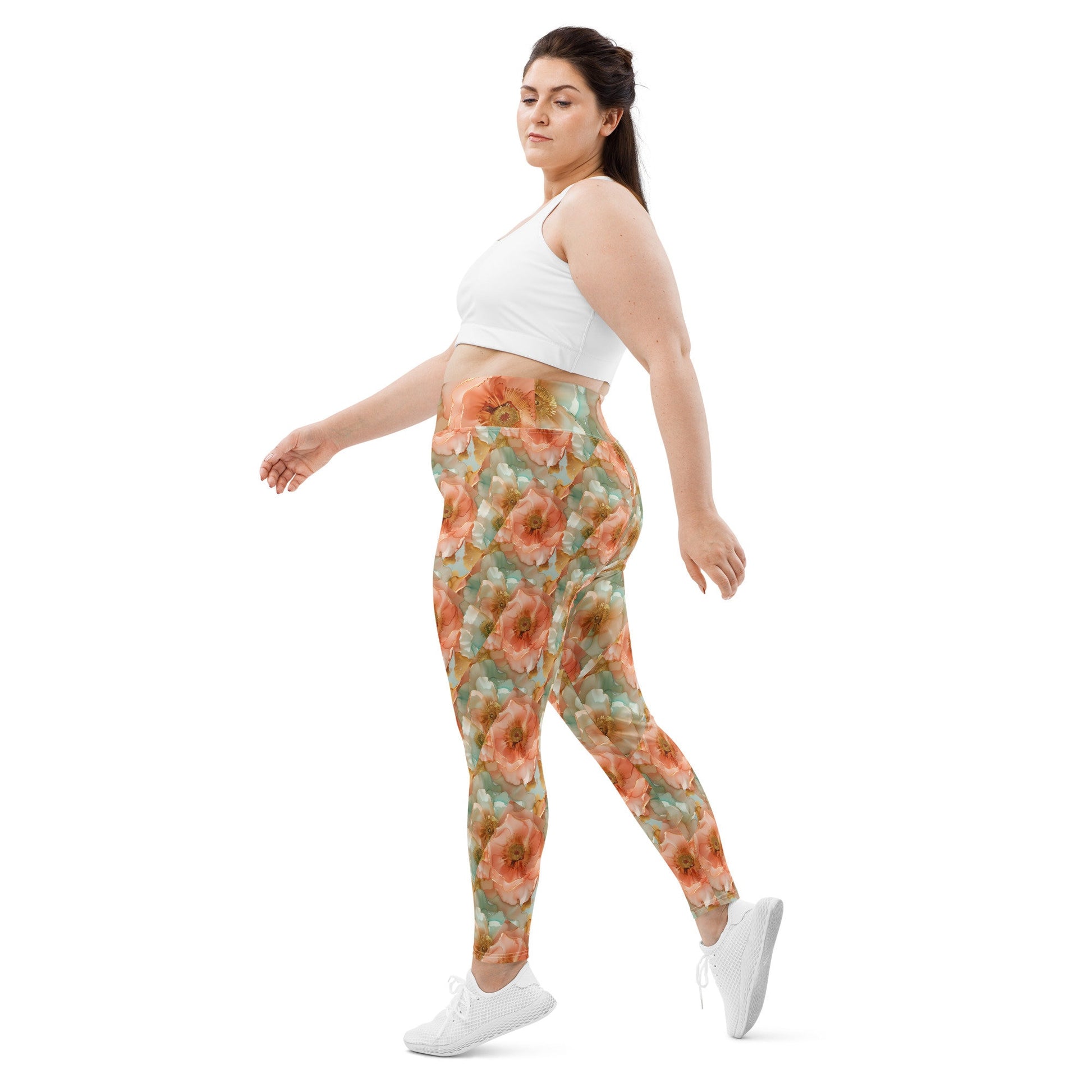 Plus Size Leggings - Spring Time Flowers Peach Teal Yellow