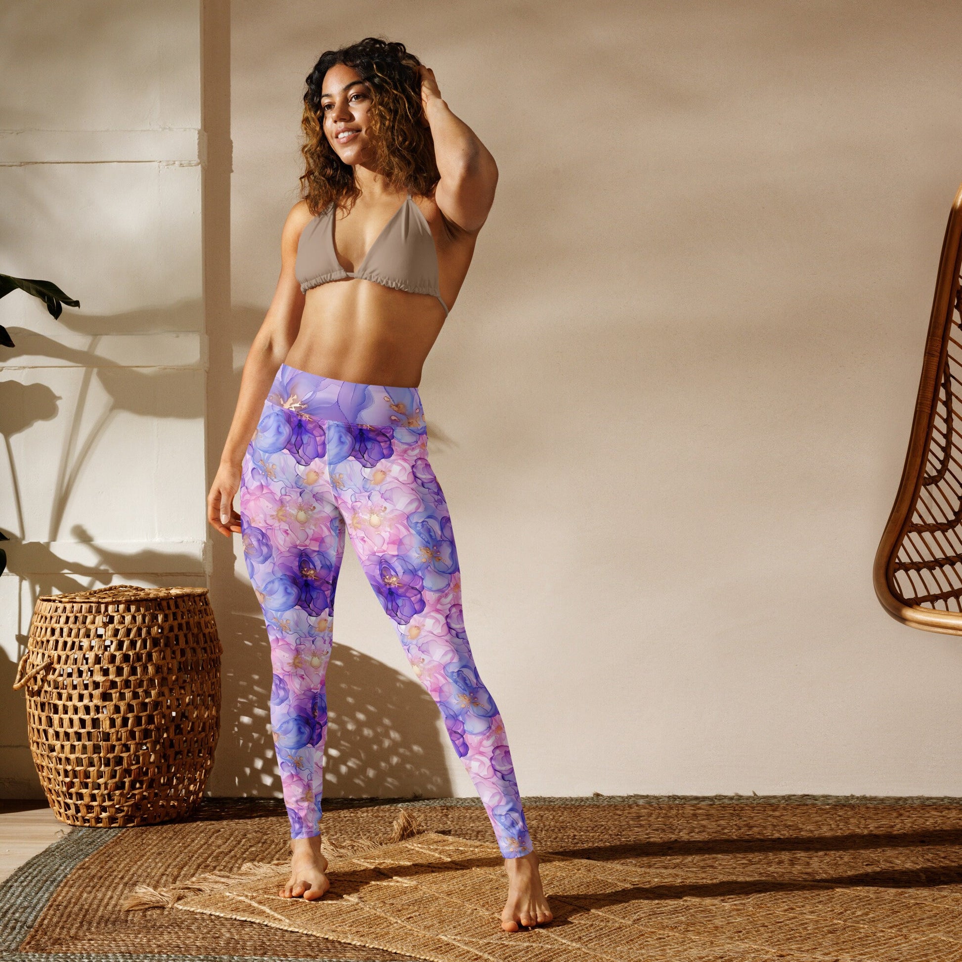 Yoga Leggings - Spring Time Flowers Purple Pink Light Blue