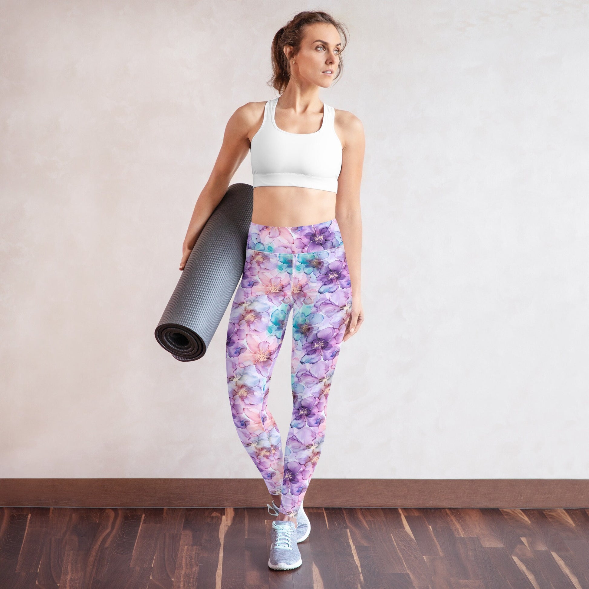 Yoga Leggings - Spring Time Flowers Purple Peach Teal