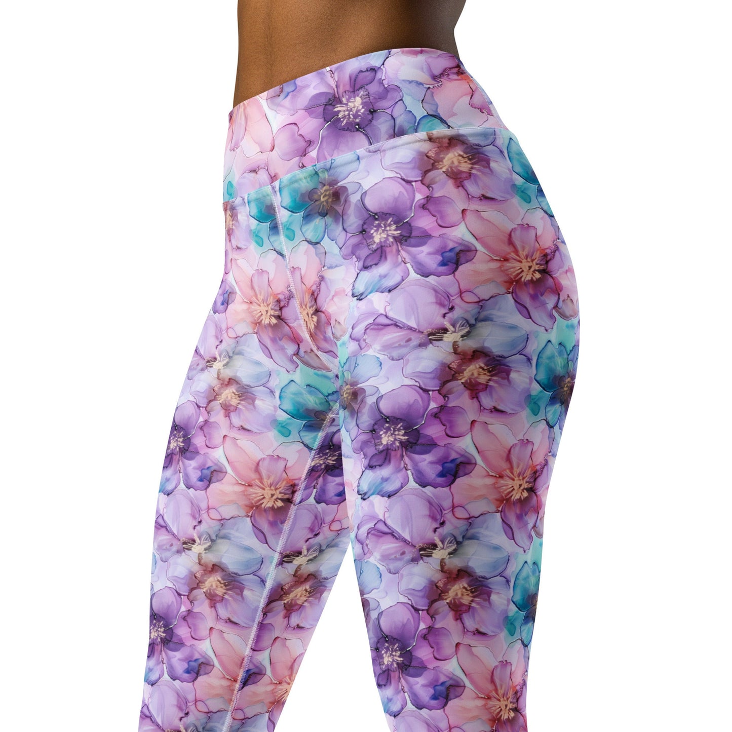 Yoga Leggings - Spring Time Flowers Purple Peach Teal