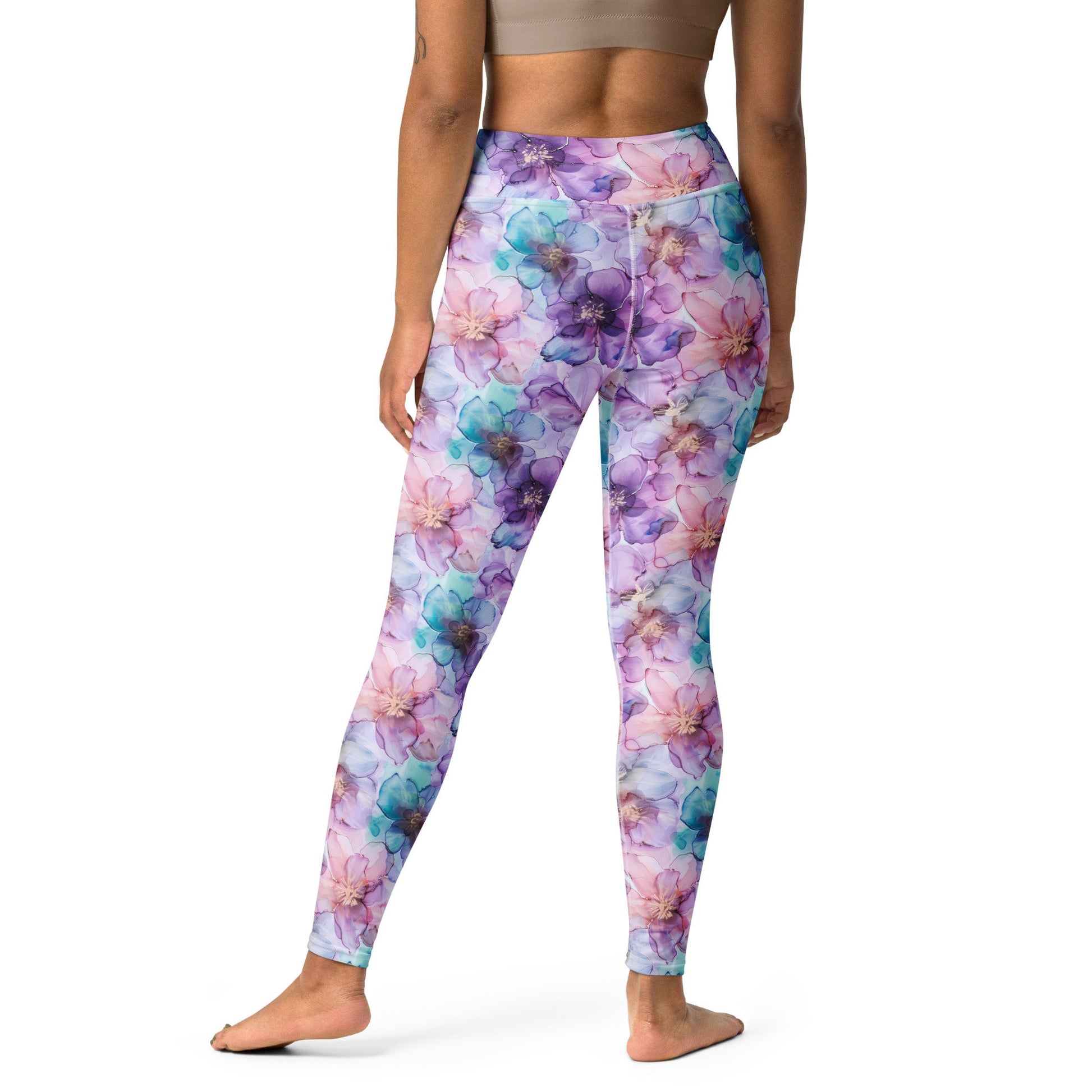 Yoga Leggings - Spring Time Flowers Purple Peach Teal