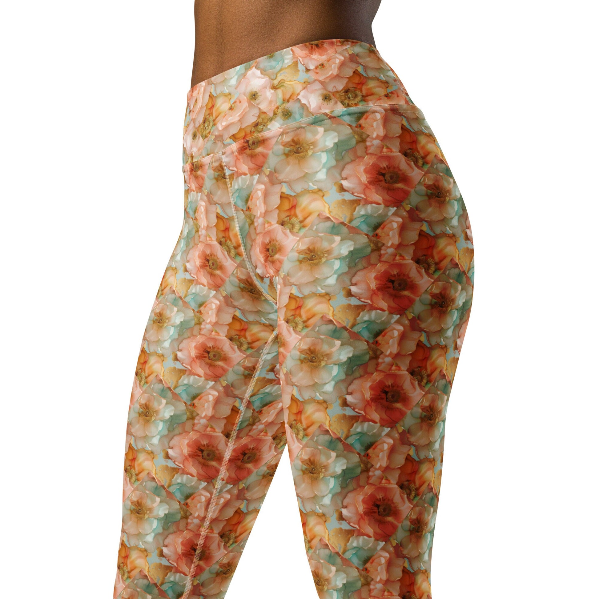 Yoga Leggings - Peach Teal Yellow Flowers