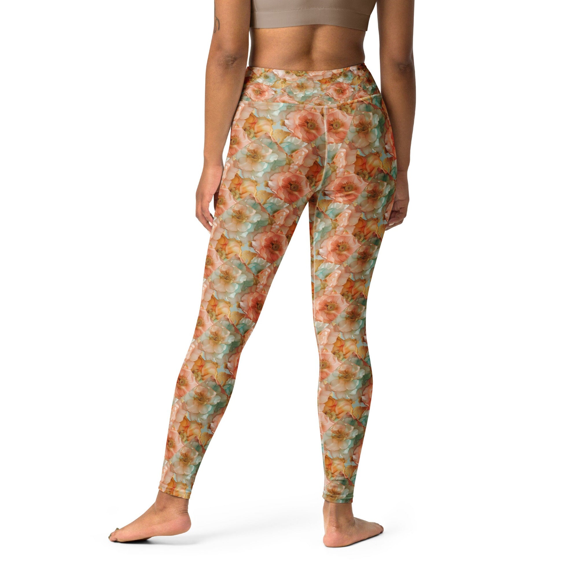 Yoga Leggings - Peach Teal Yellow Flowers