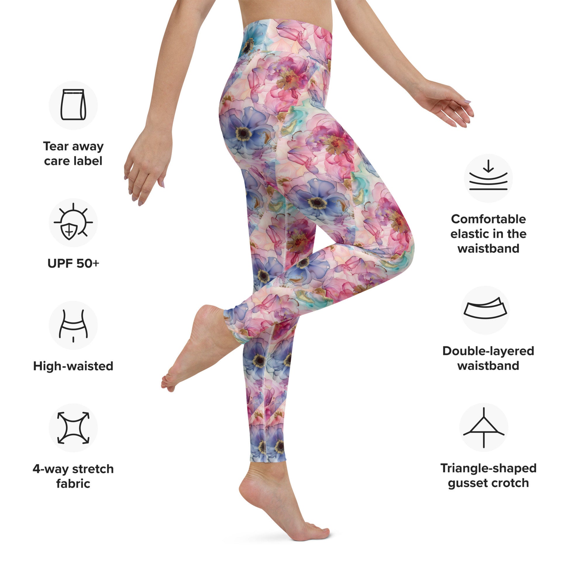 Yoga Leggings - Pink Blue Teal Flowers