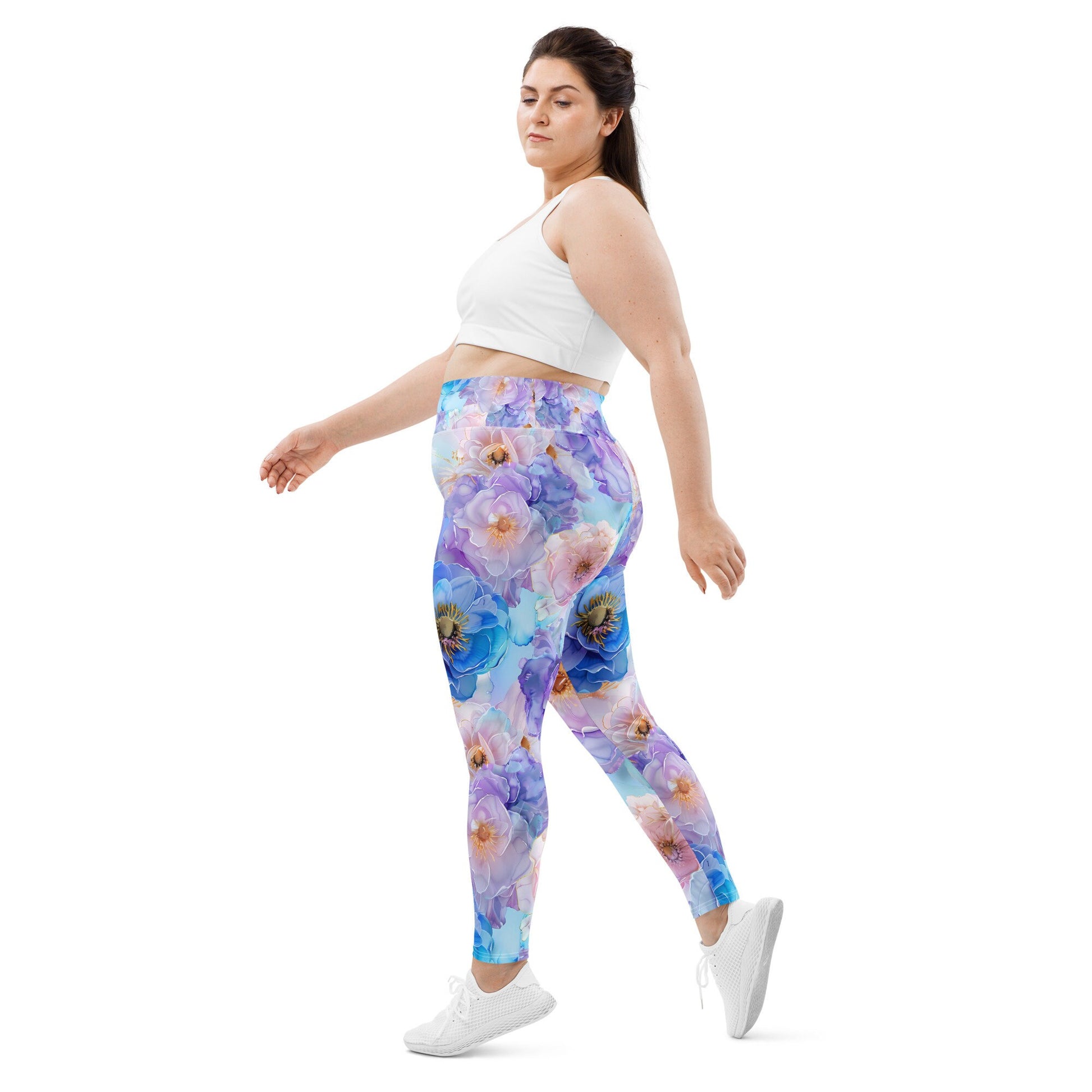 Plus Size Leggings - Blue Light Pink Purple Flowers