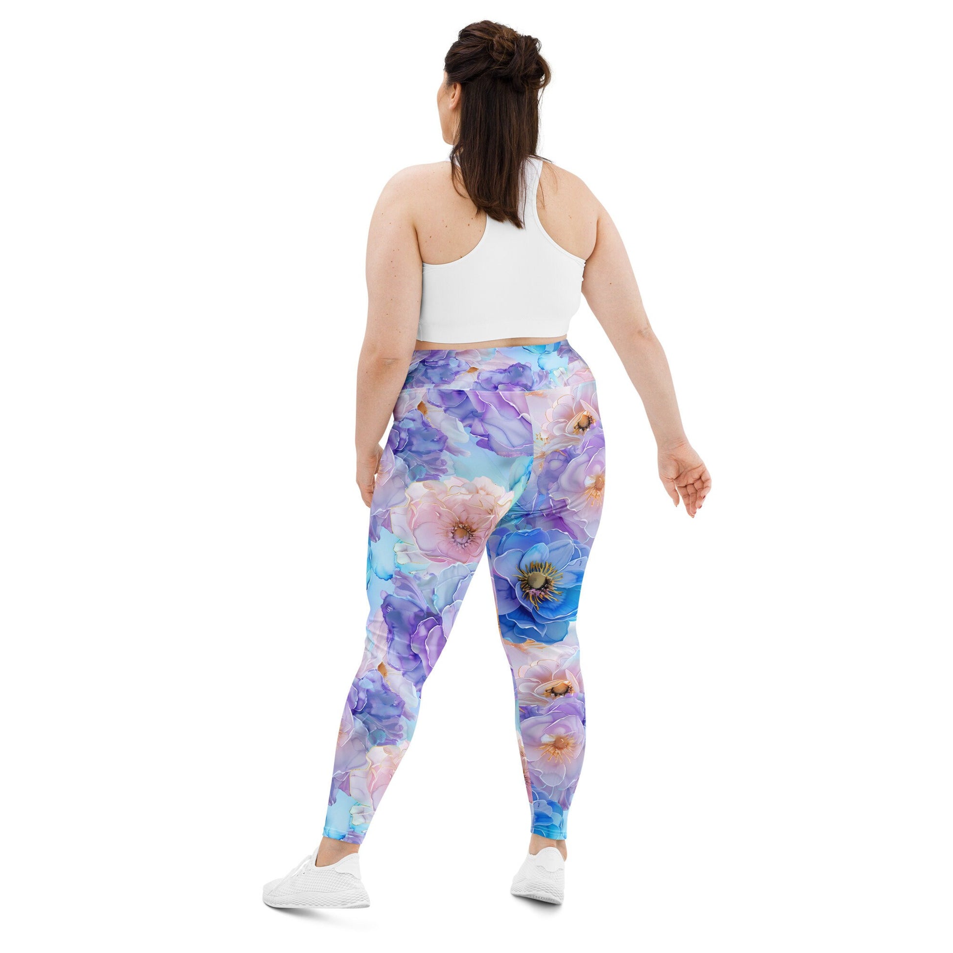 Plus Size Leggings - Blue Light Pink Purple Flowers