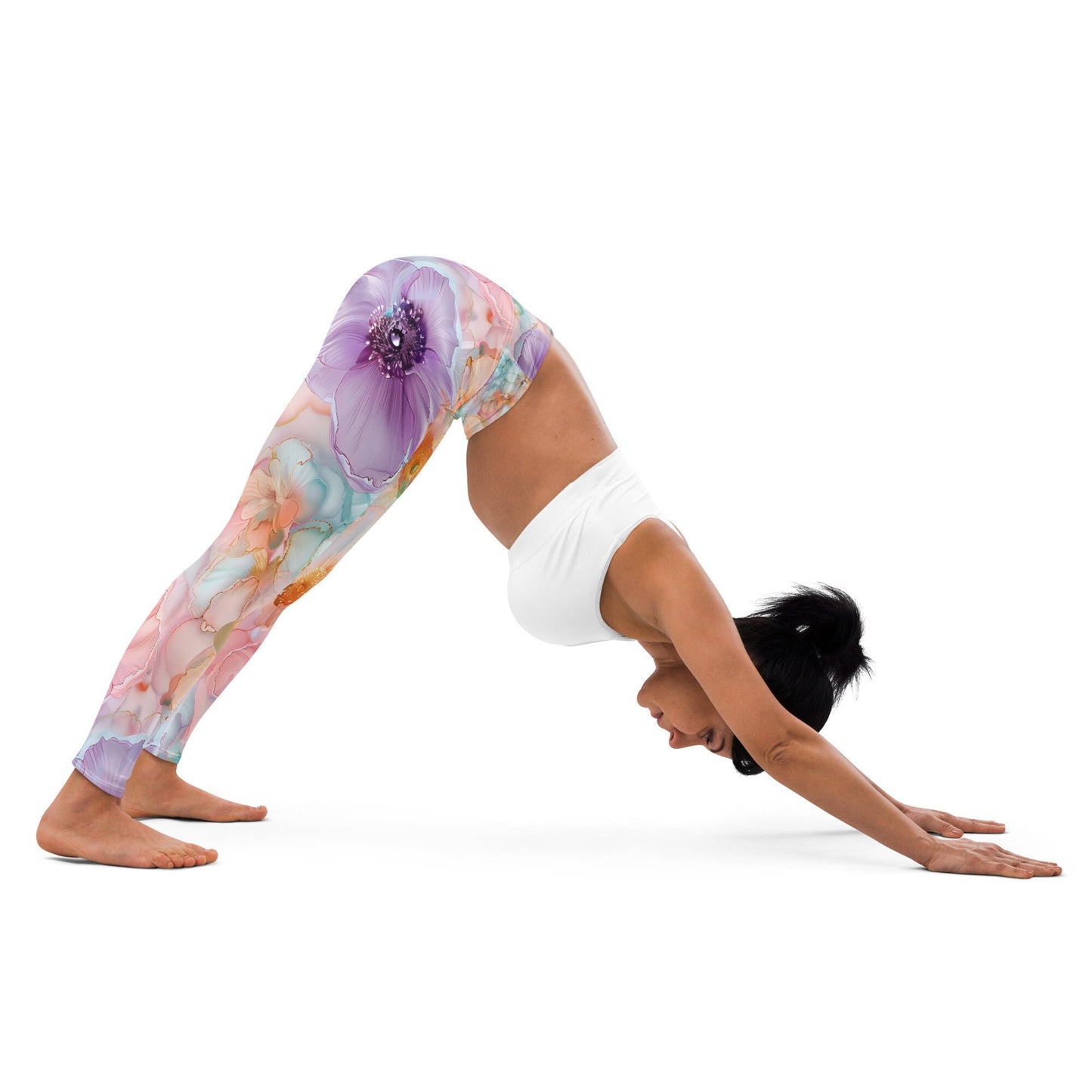 Yoga Leggings - Peach Pink Teal Purple Flowers