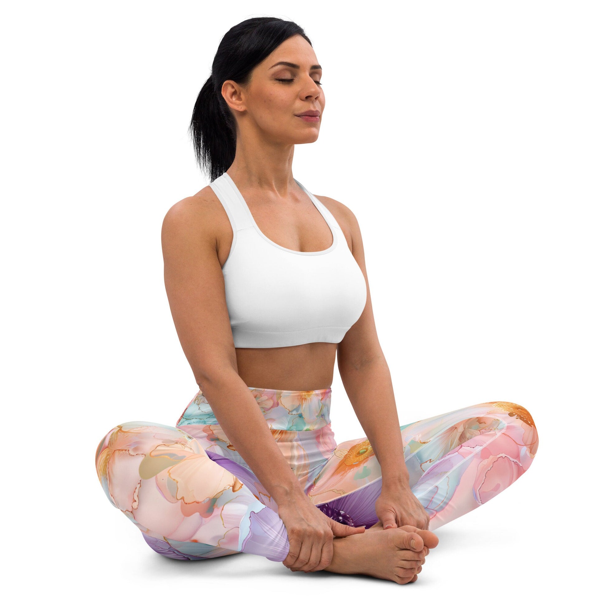 Yoga Leggings - Peach Pink Teal Purple Flowers