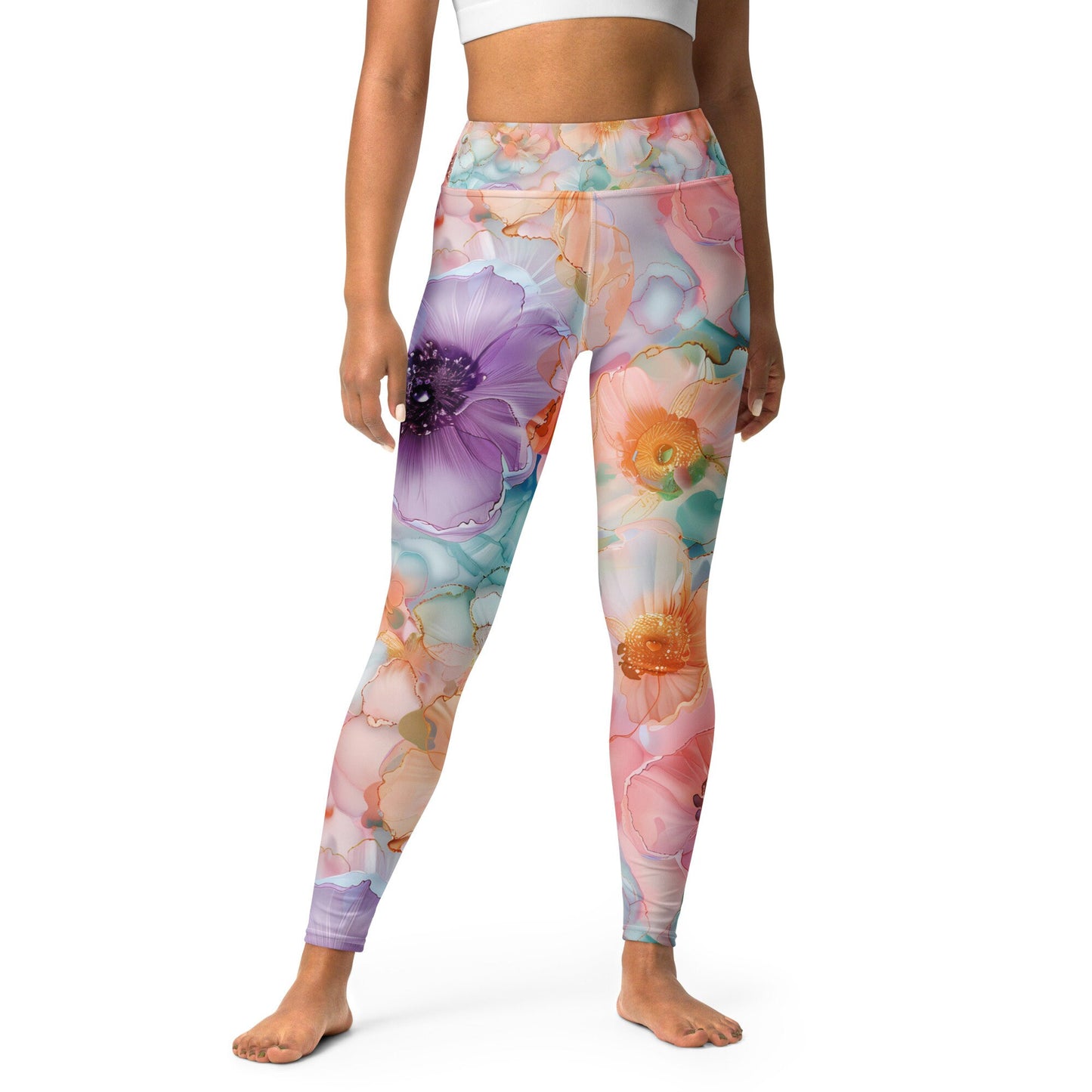 Yoga Leggings - Peach Pink Teal Purple Flowers