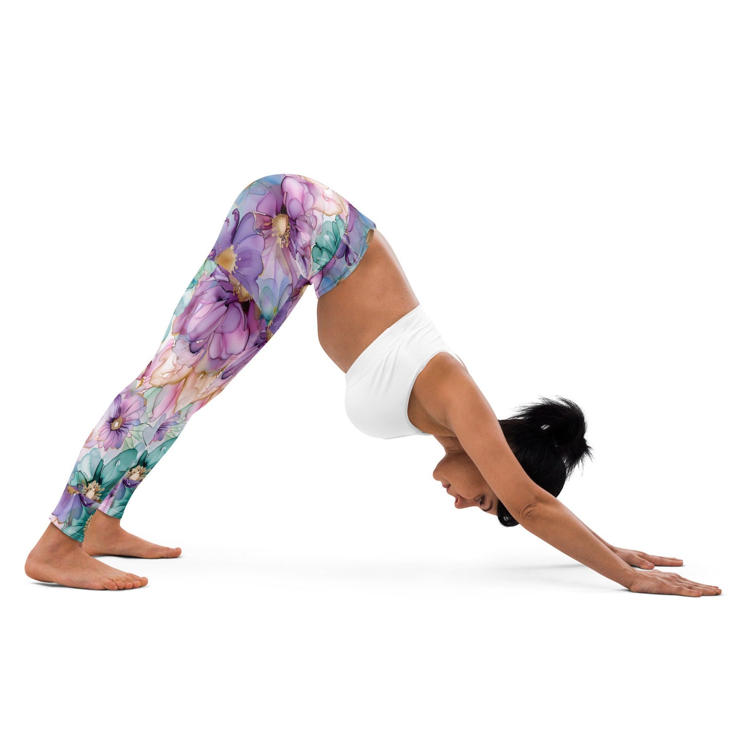 Yoga Leggings - Purple Teal Light Peach Flowers