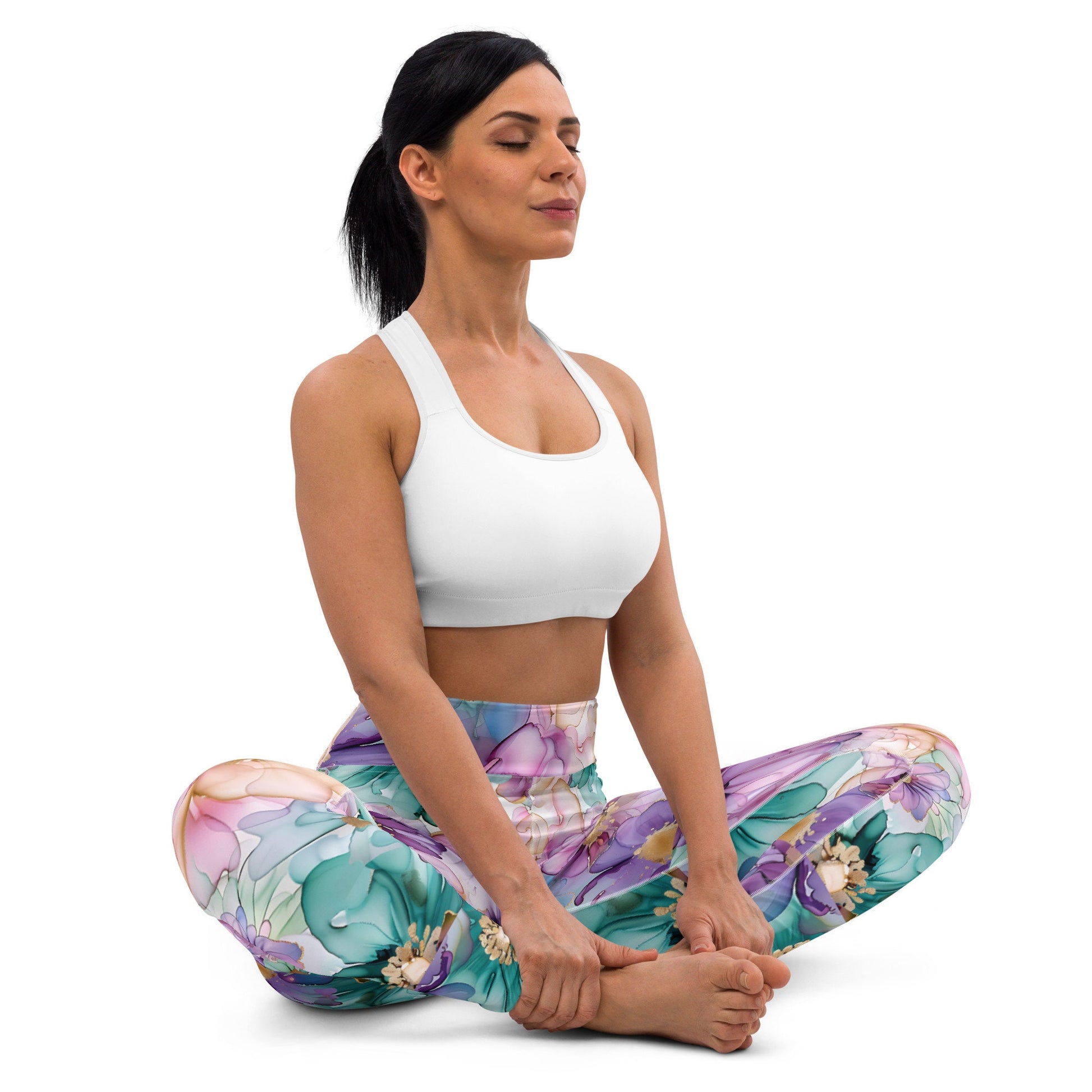 Yoga Leggings - Purple Teal Light Peach Flowers