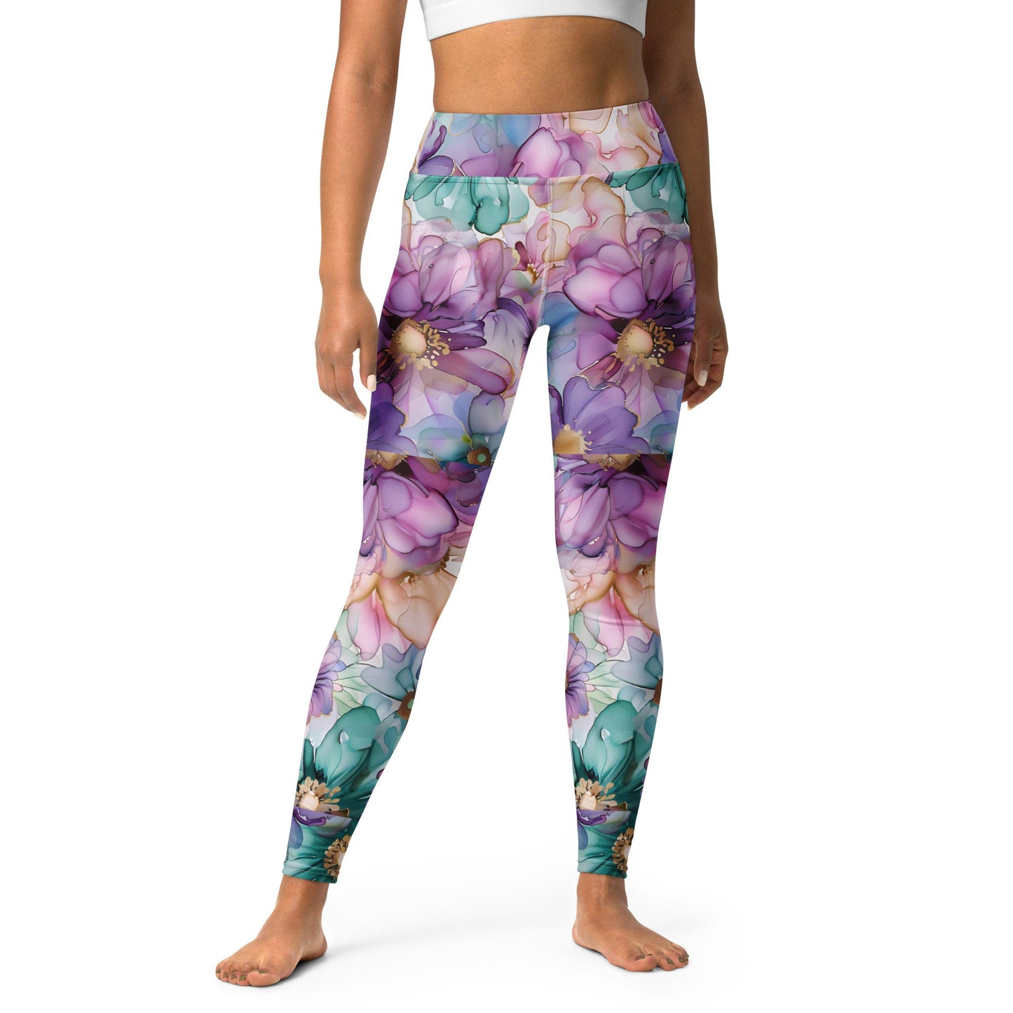 Yoga Leggings - Purple Teal Light Peach Flowers