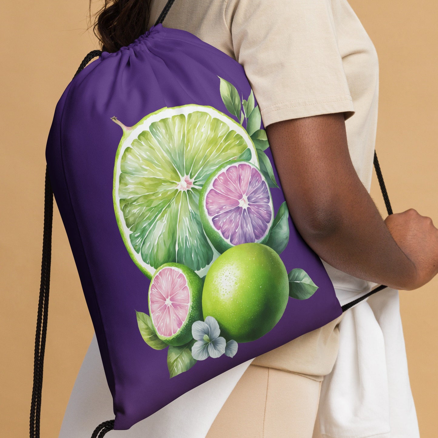 Drawstring bag - Lime Time with Indigo background