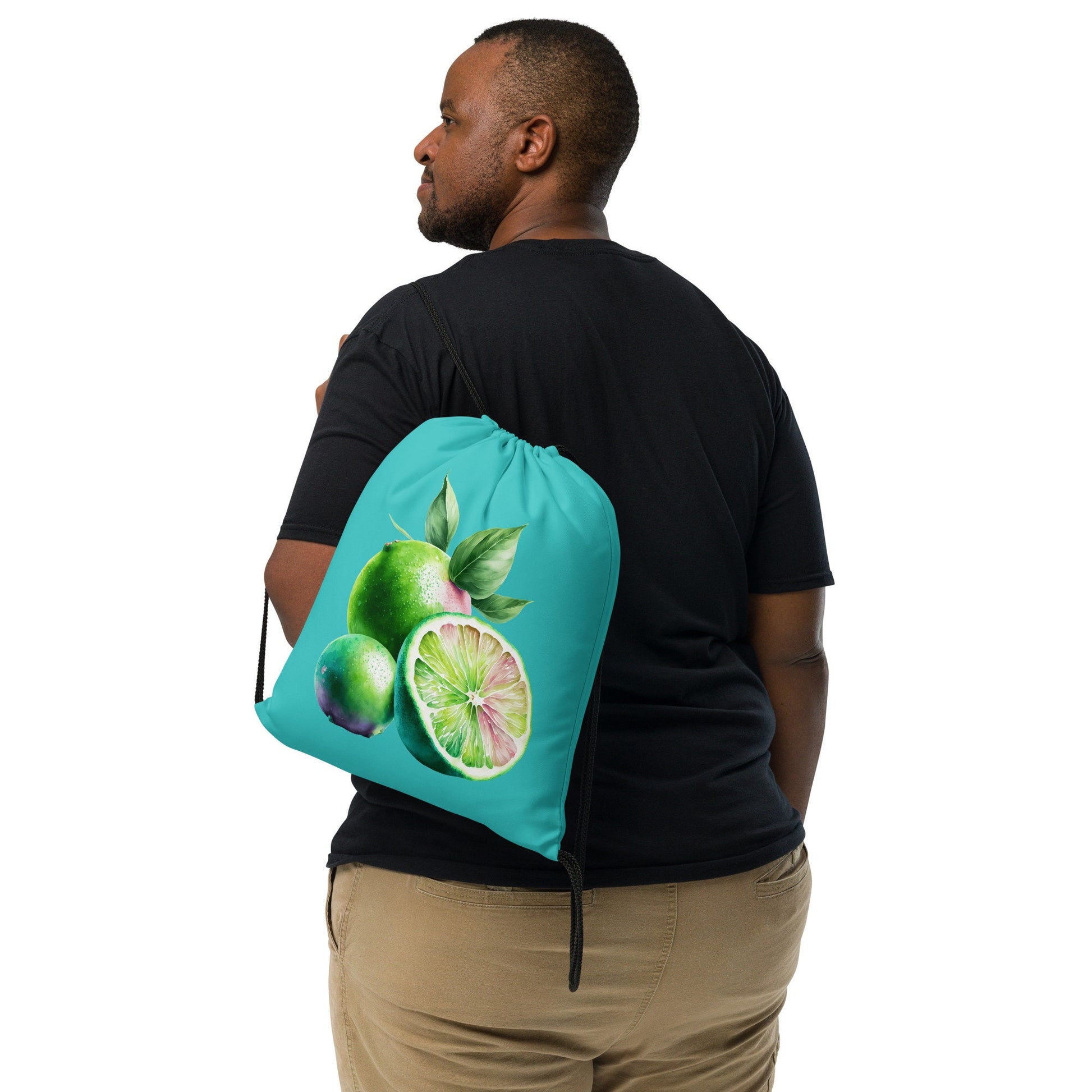 Drawstring bag - Limes with Dark Turquoise Background