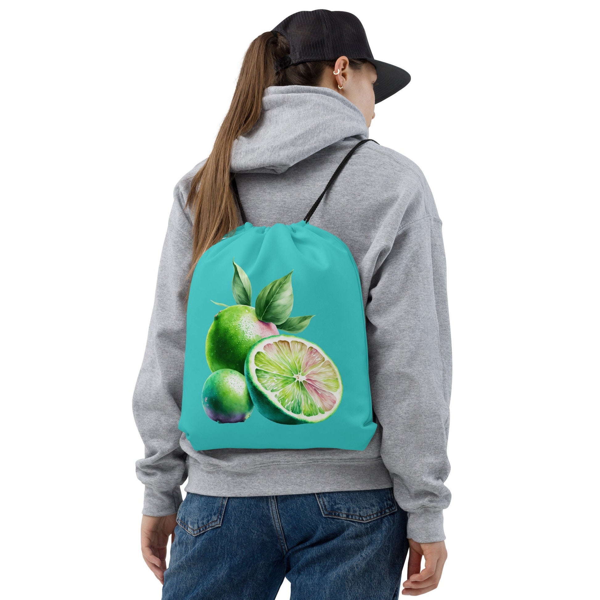 Drawstring bag - Limes with Dark Turquoise Background