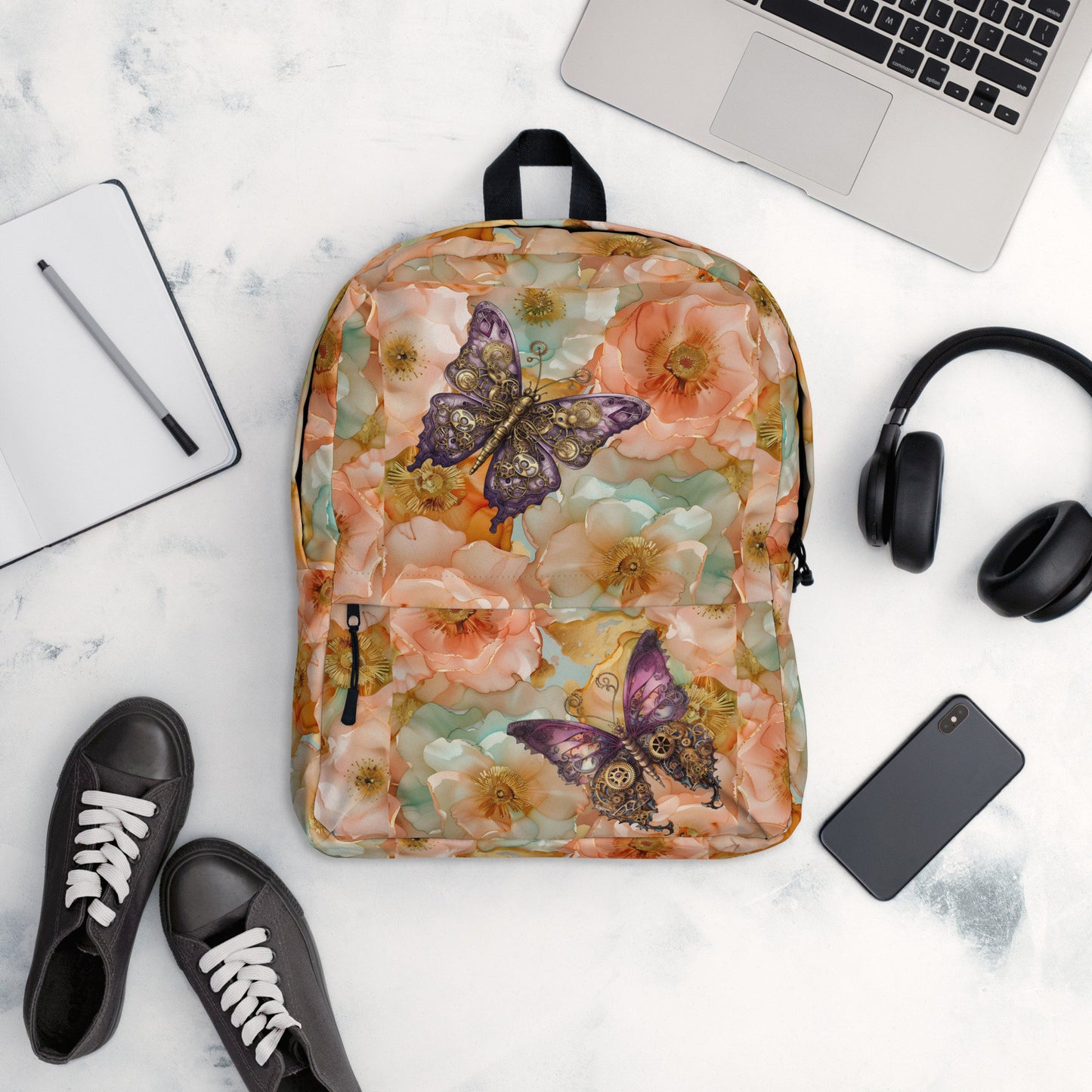 Backpack - Backpack - SteamPunk Butterflies with Apricot Flowers Background