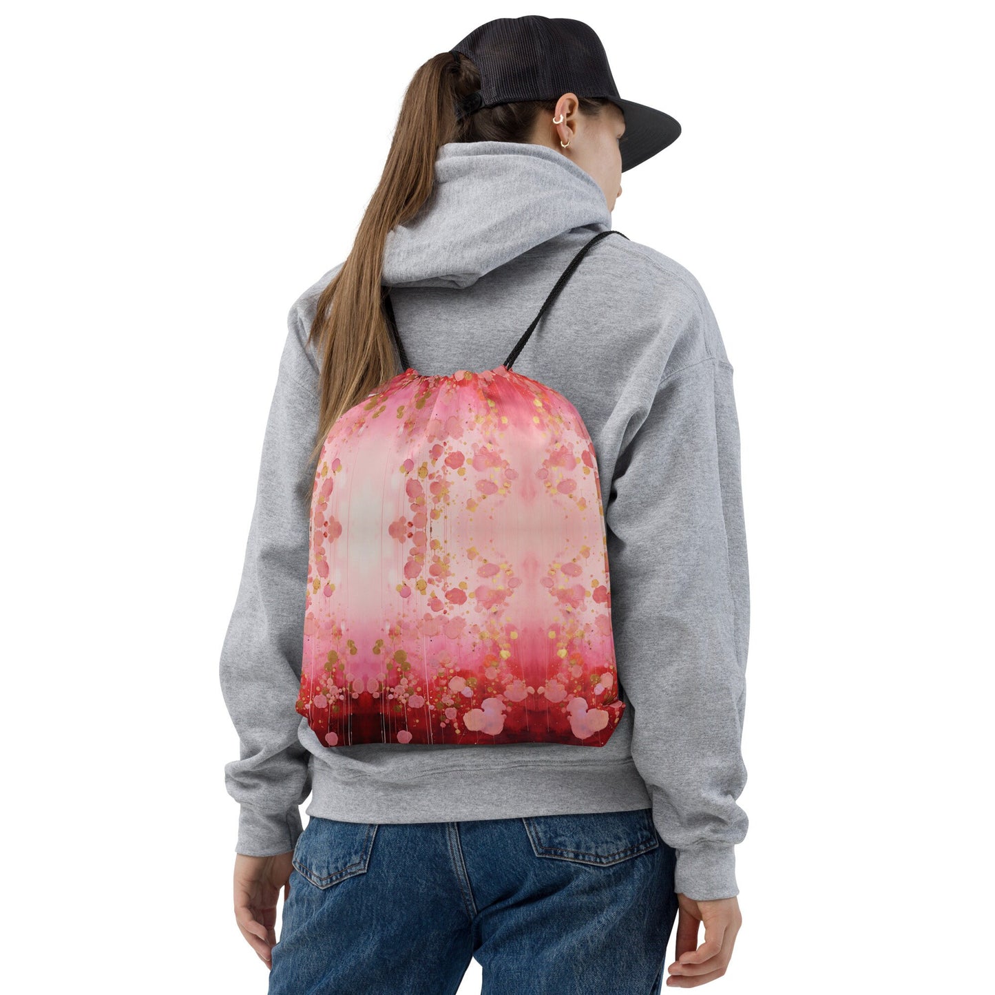 Drawstring bag - Red Pink and Gold Pattern