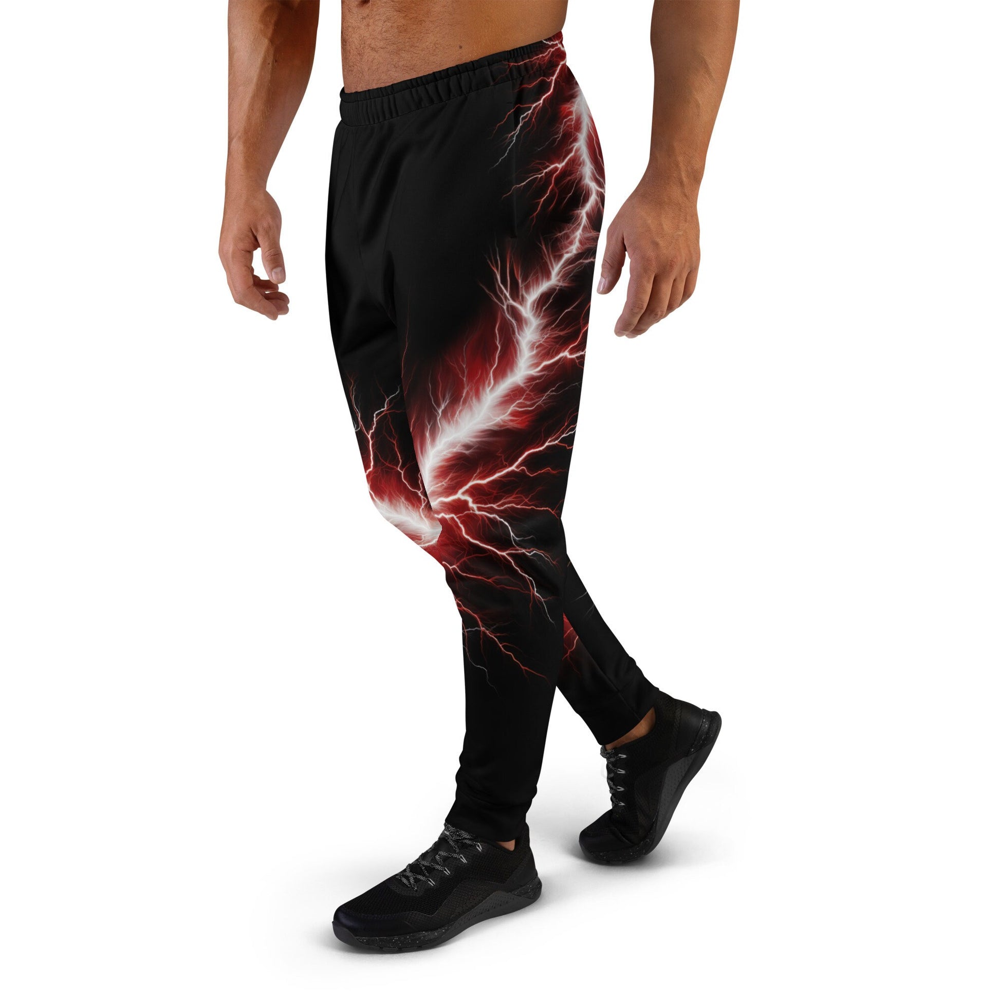 Men&#39;s Joggers - Red and White Lighting Bolt with Black Background