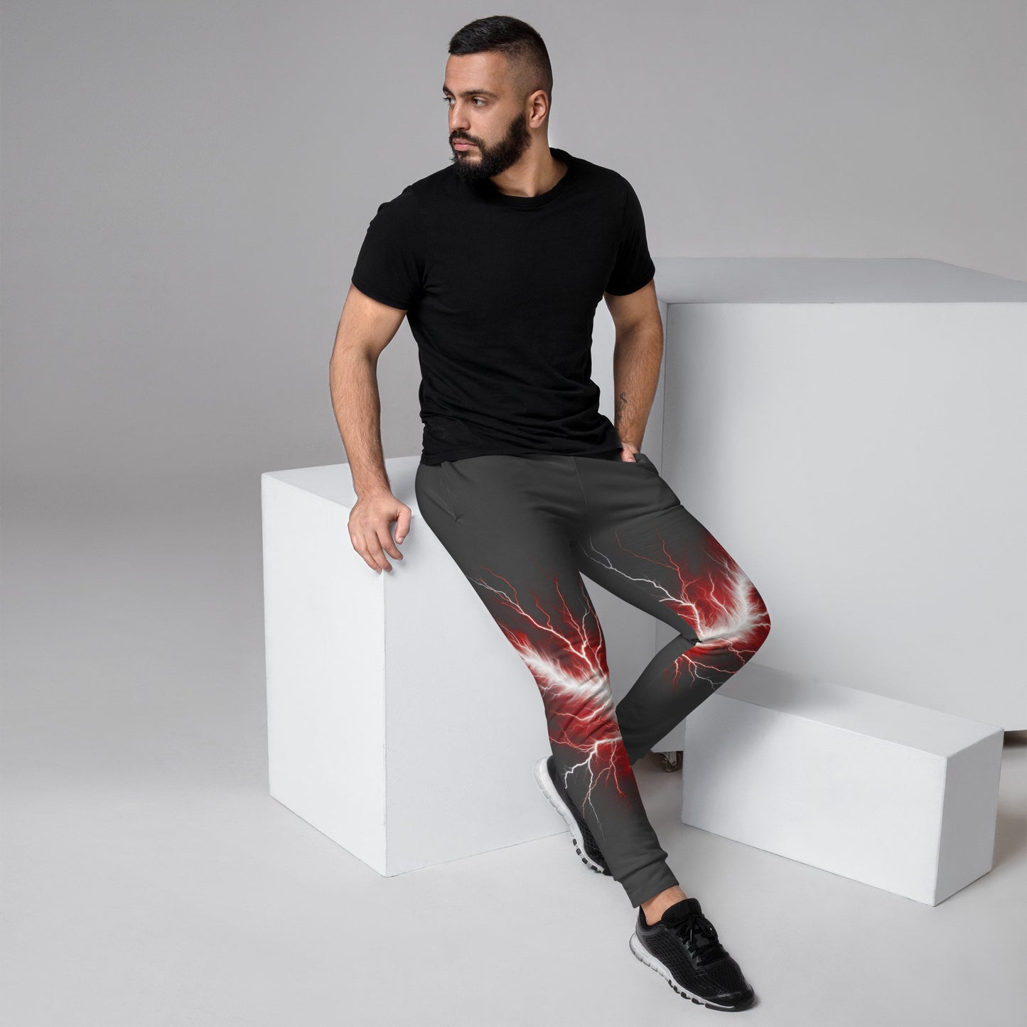 Men&#39;s Joggers - Red and White Lighting Bolt with Eclipse Color (Dark Drey)  Background