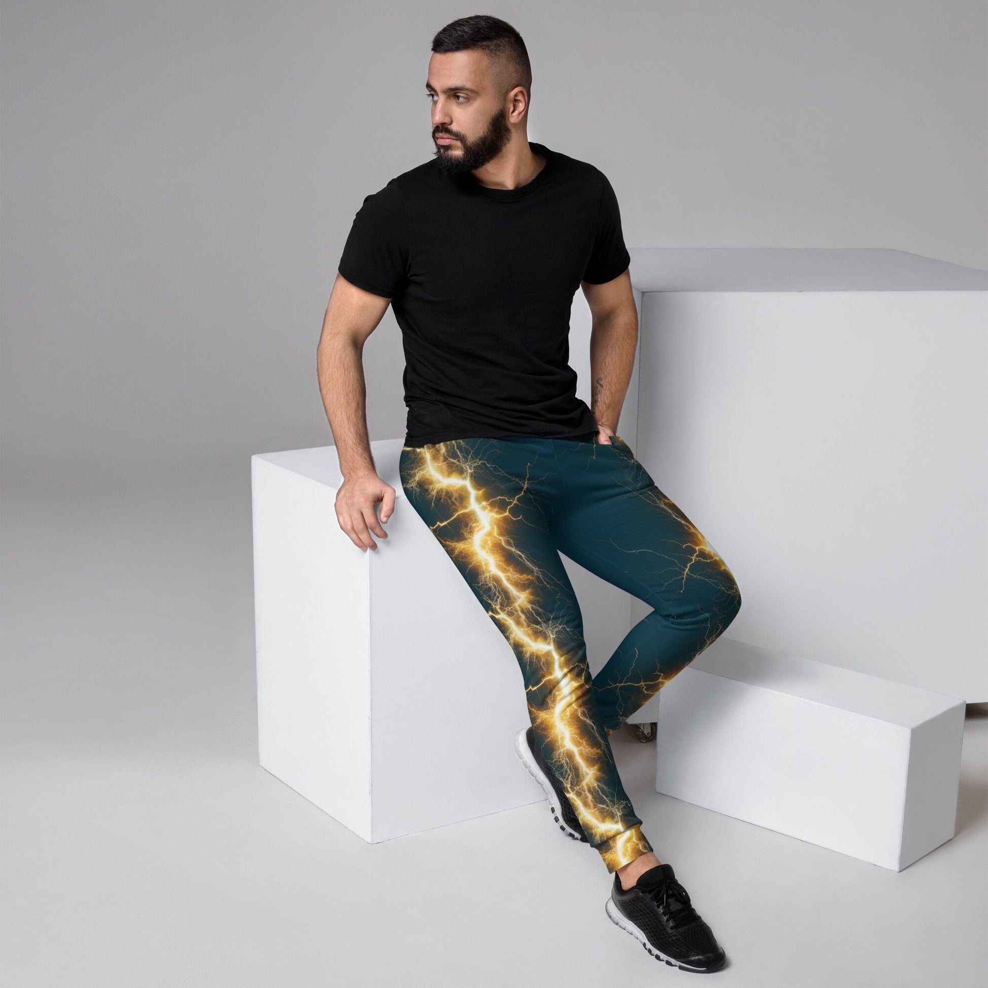 Men&#39;s Joggers - Yellow Lightning Bolt with Blue Whale Background