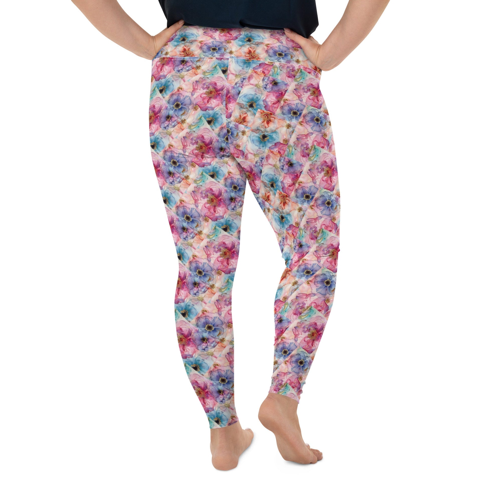 All-Over Print Plus Size Leggings - Spring Time Flowers Purple Peach Teal