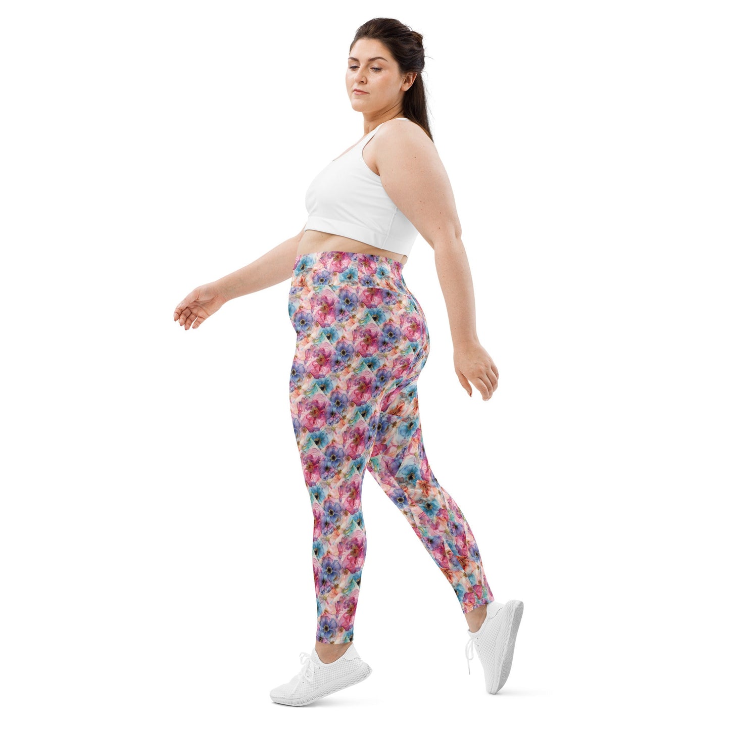 All-Over Print Plus Size Leggings - Spring Time Flowers Purple Peach Teal