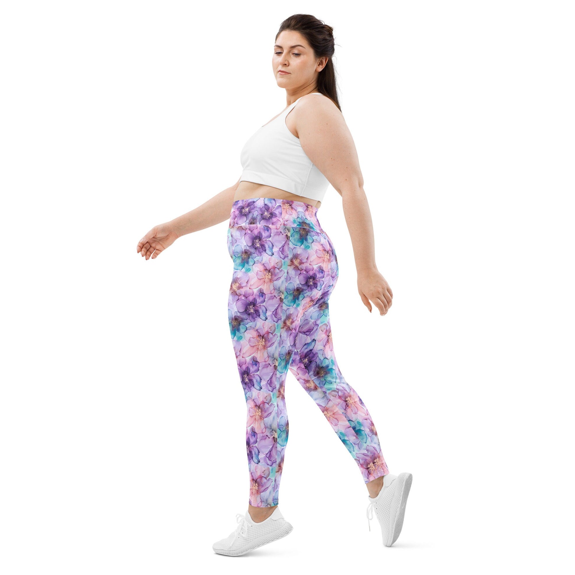 Plus Size Leggings - Spring Time Flowers Purple Teal