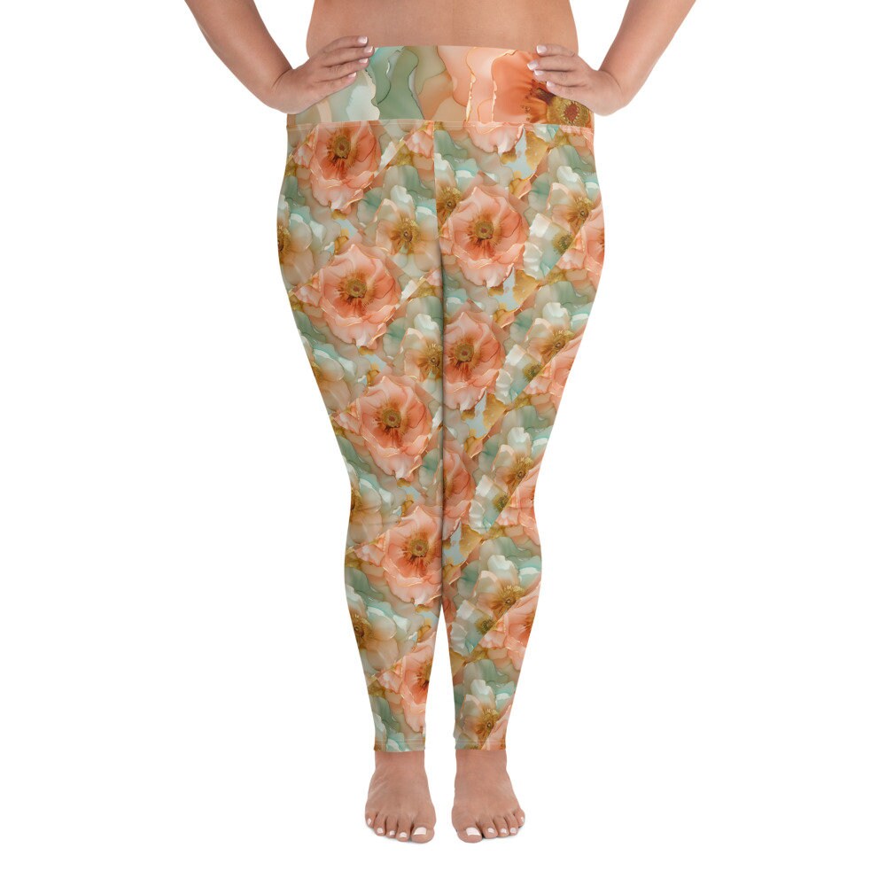 Plus Size Leggings - Spring Time Flowers Peach Teal Yellow