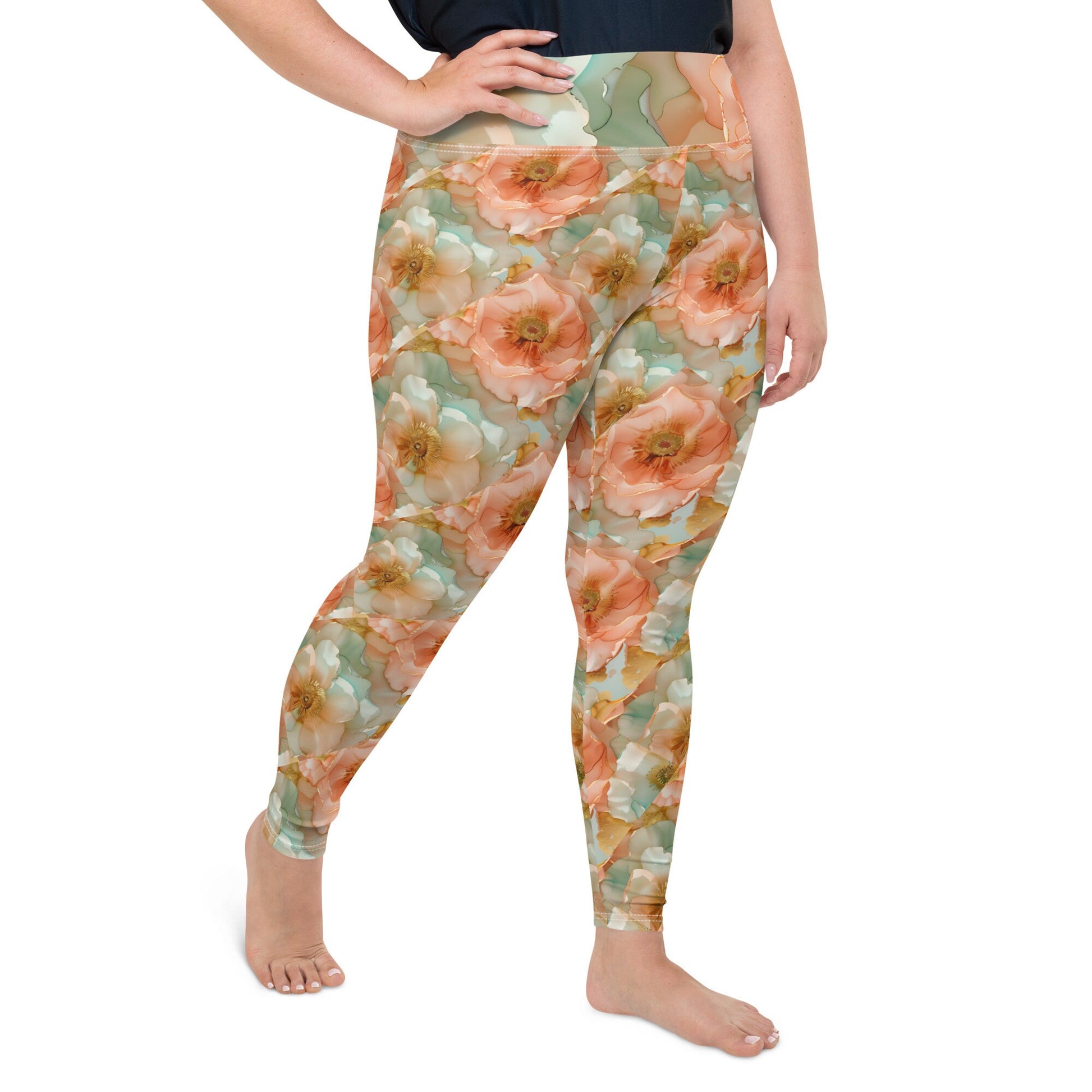 Plus Size Leggings - Spring Time Flowers Peach Teal Yellow