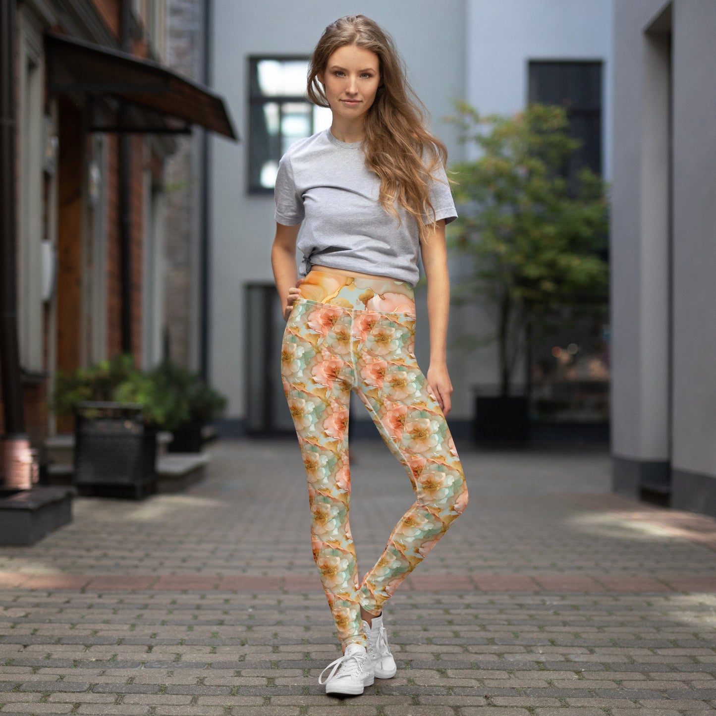 Yoga Leggings - Peach Teal Yellow Flowers