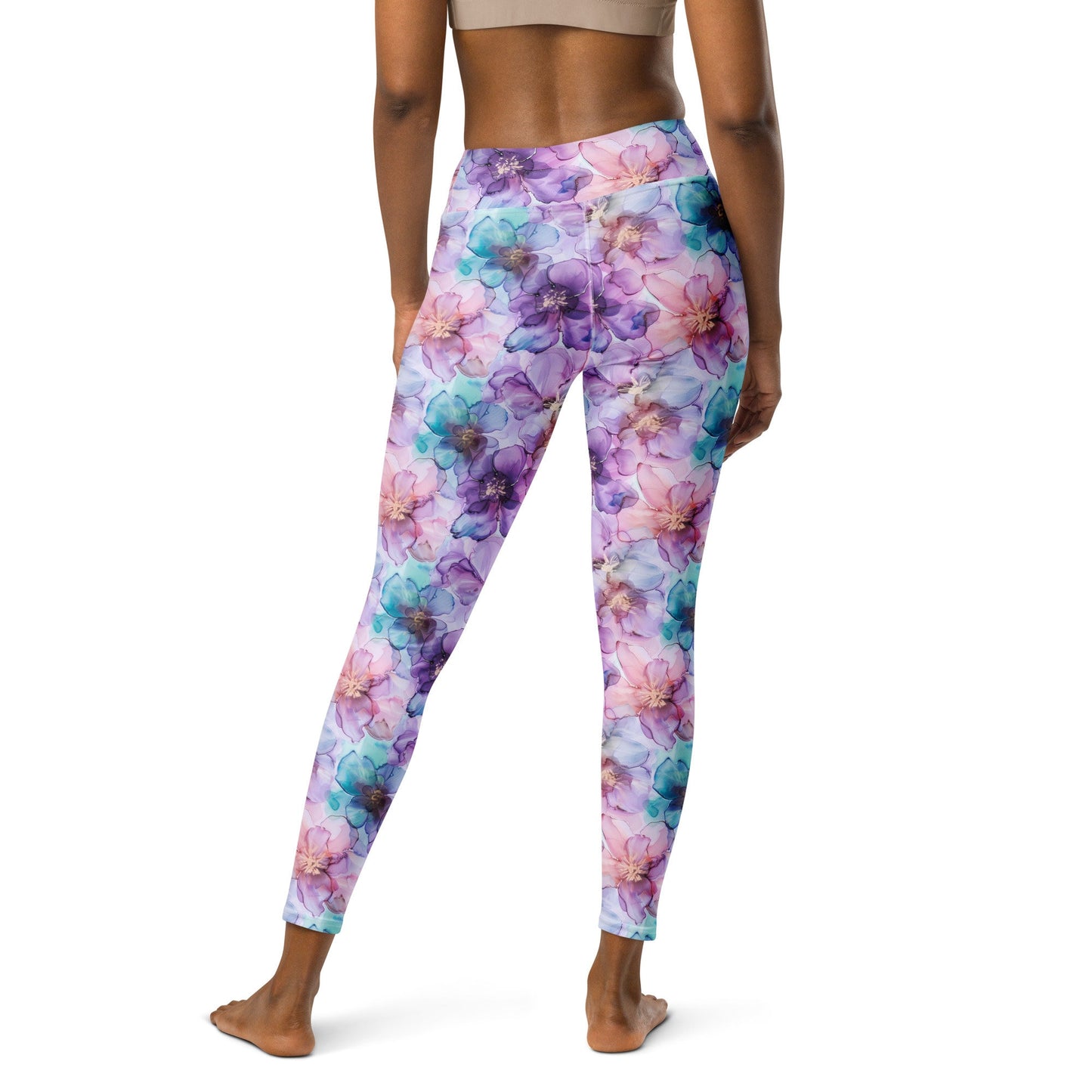 Yoga Leggings - Spring Time Flowers Purple Peach Teal