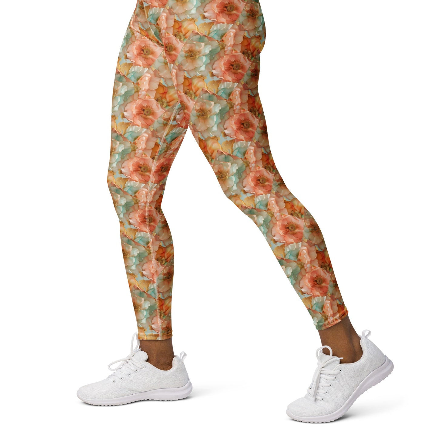 Yoga Leggings - Peach Teal Yellow Flowers