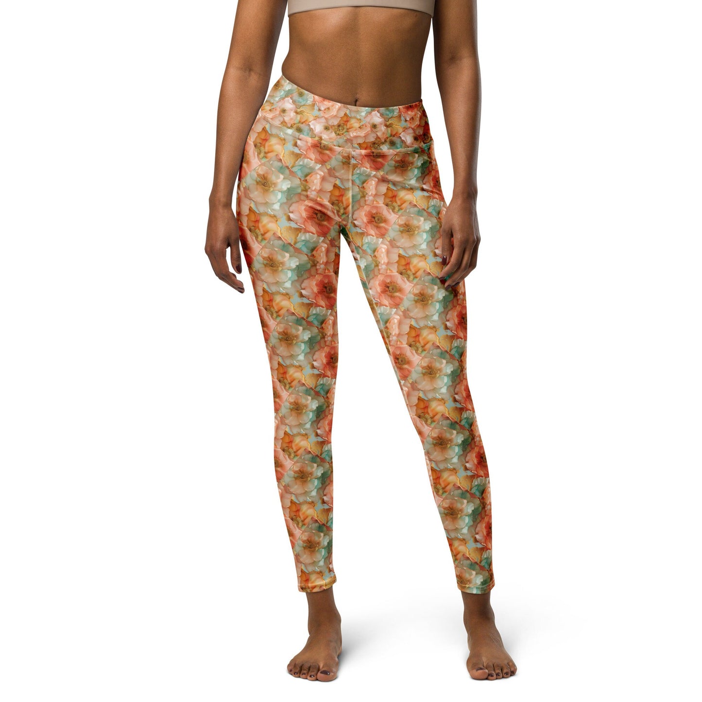 Yoga Leggings - Peach Teal Yellow Flowers