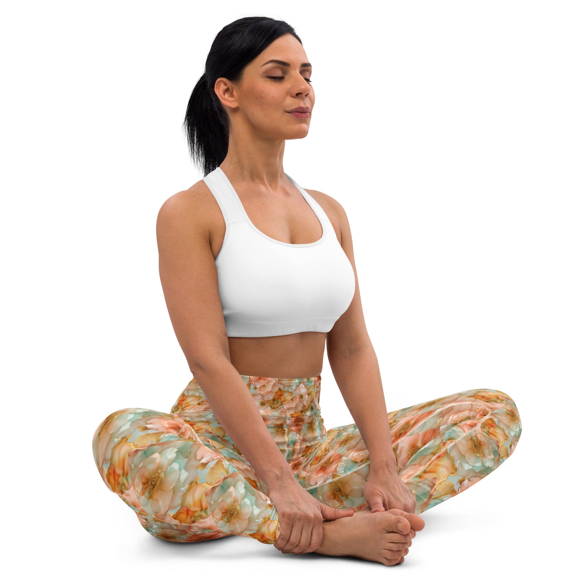 Yoga Leggings - Peach Teal Yellow Flowers