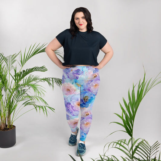 Plus Size Leggings - Blue Light Pink Purple Flowers