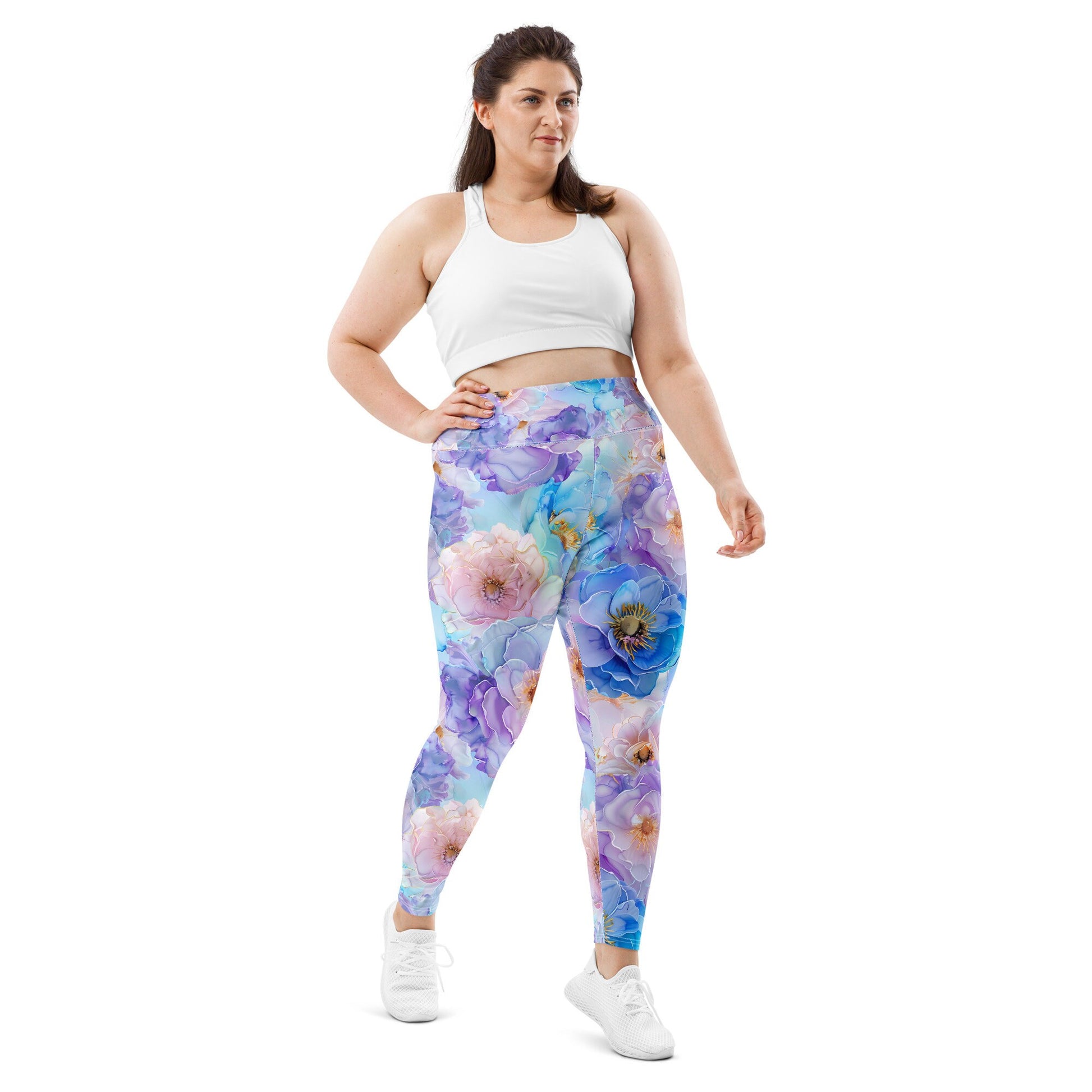 Plus Size Leggings - Blue Light Pink Purple Flowers