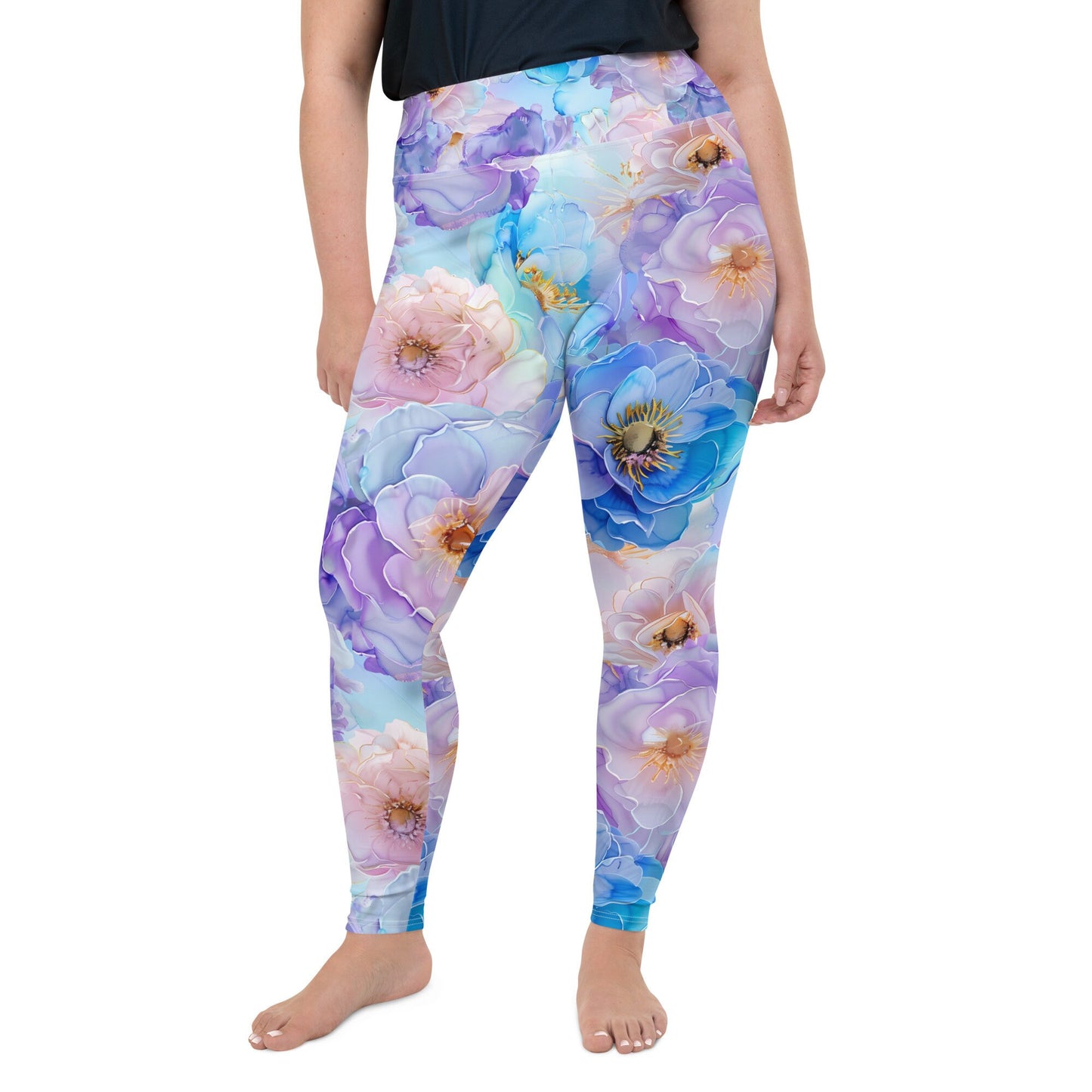 Plus Size Leggings - Blue Light Pink Purple Flowers