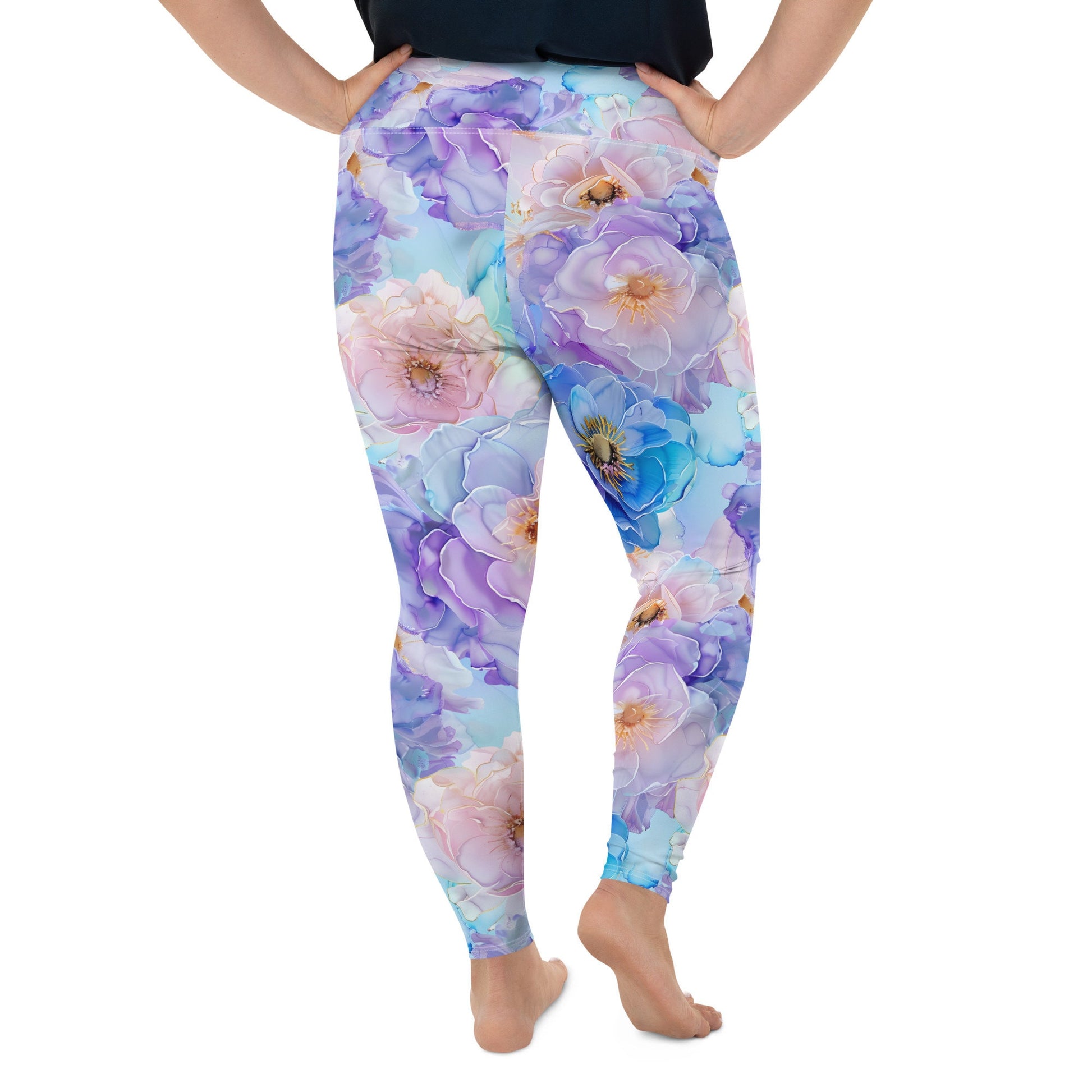 Plus Size Leggings - Blue Light Pink Purple Flowers