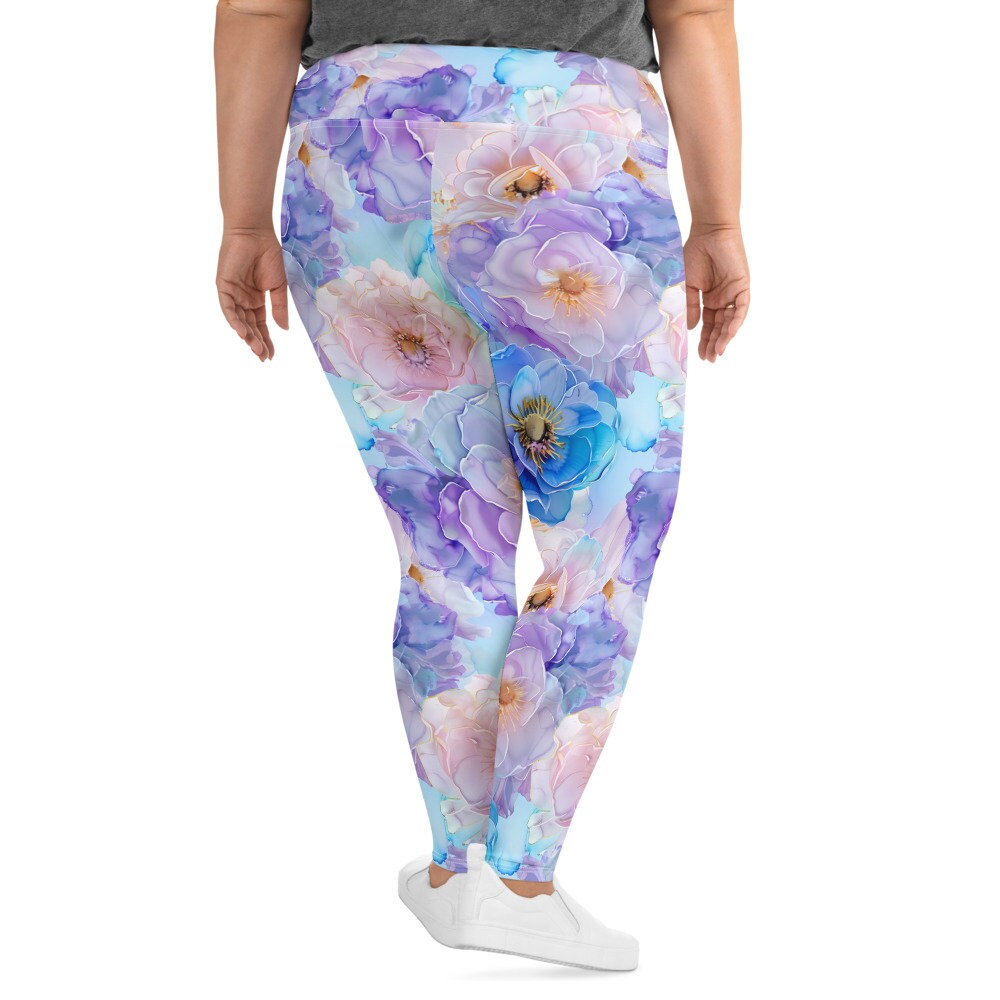 Plus Size Leggings - Blue Light Pink Purple Flowers