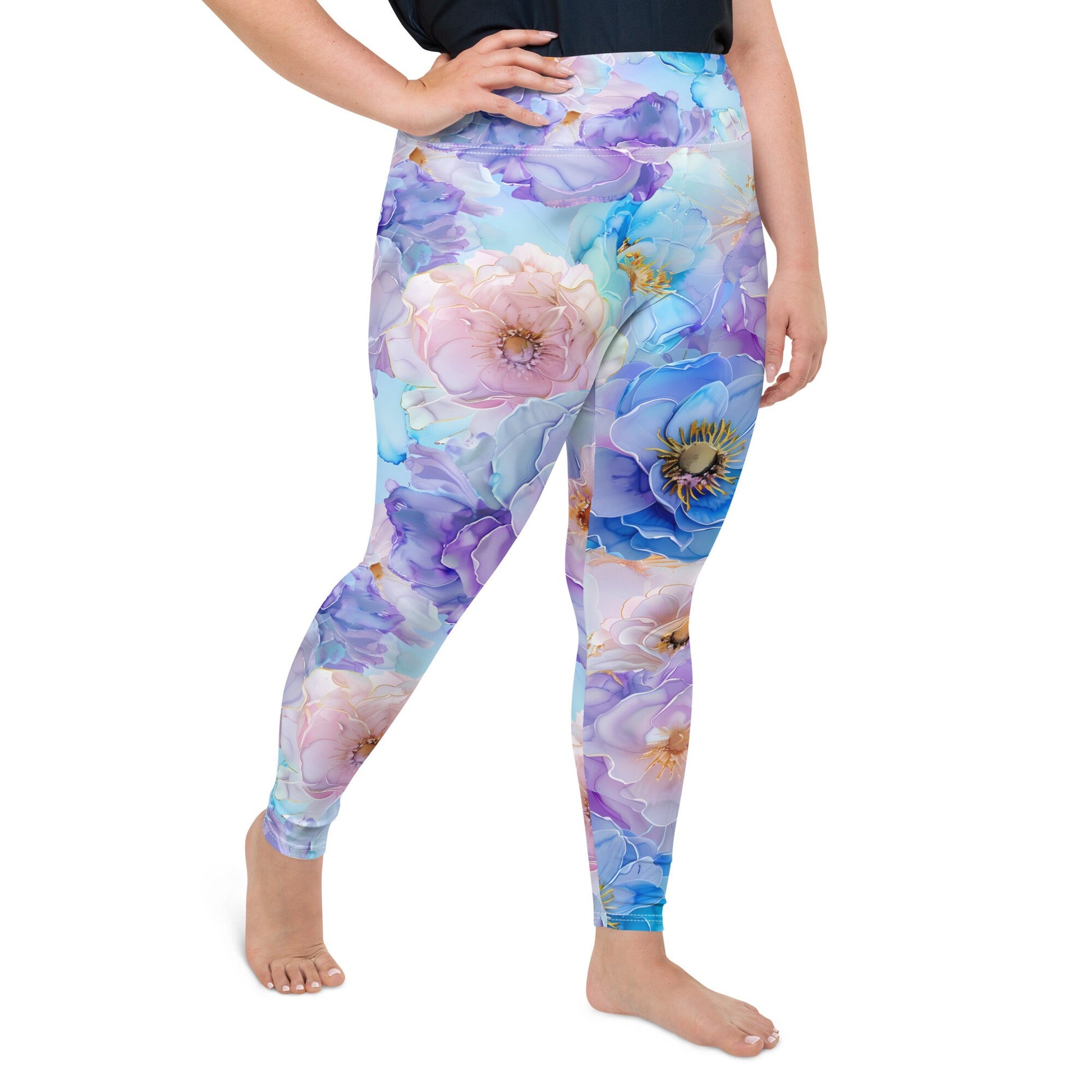 Plus Size Leggings - Blue Light Pink Purple Flowers