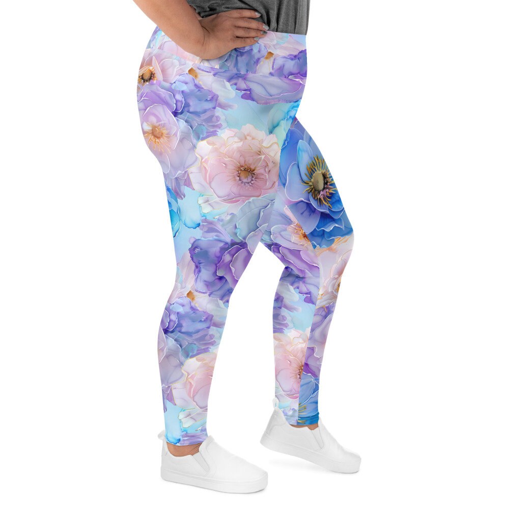 Plus Size Leggings - Blue Light Pink Purple Flowers