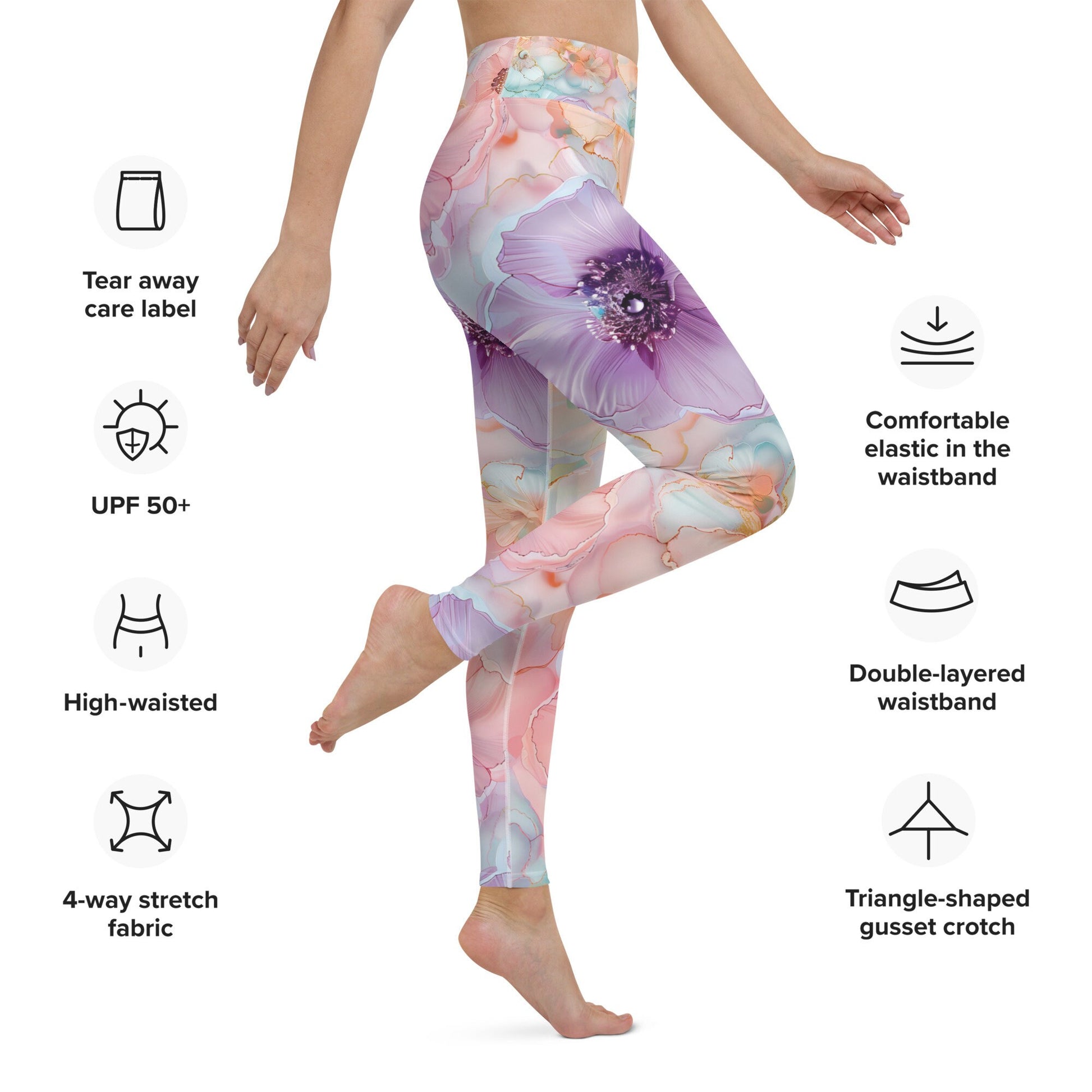 Yoga Leggings - Peach Pink Teal Purple Flowers